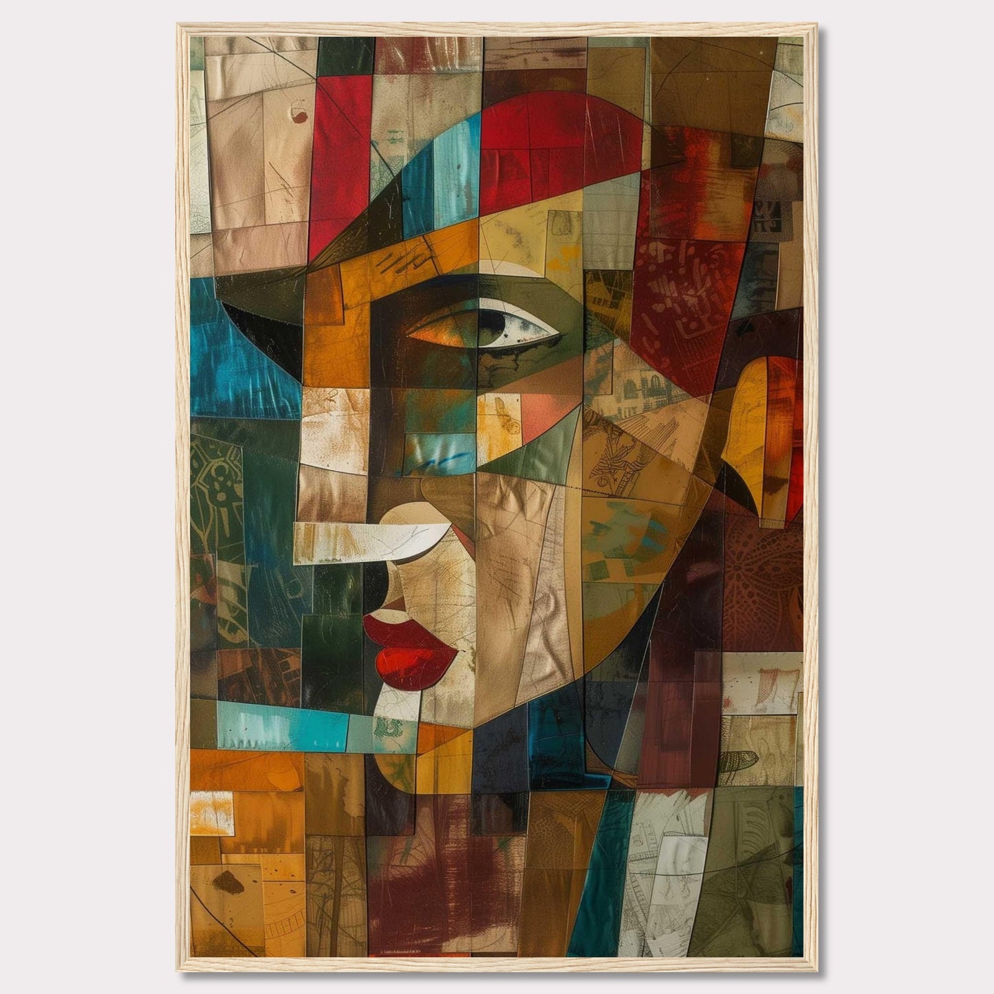 This captivating artwork features a cubist-style portrait, blending vibrant colors and geometric shapes to create a striking visual. The image showcases an abstract face with prominent red lips, a sharp nose, and expressive eyes.