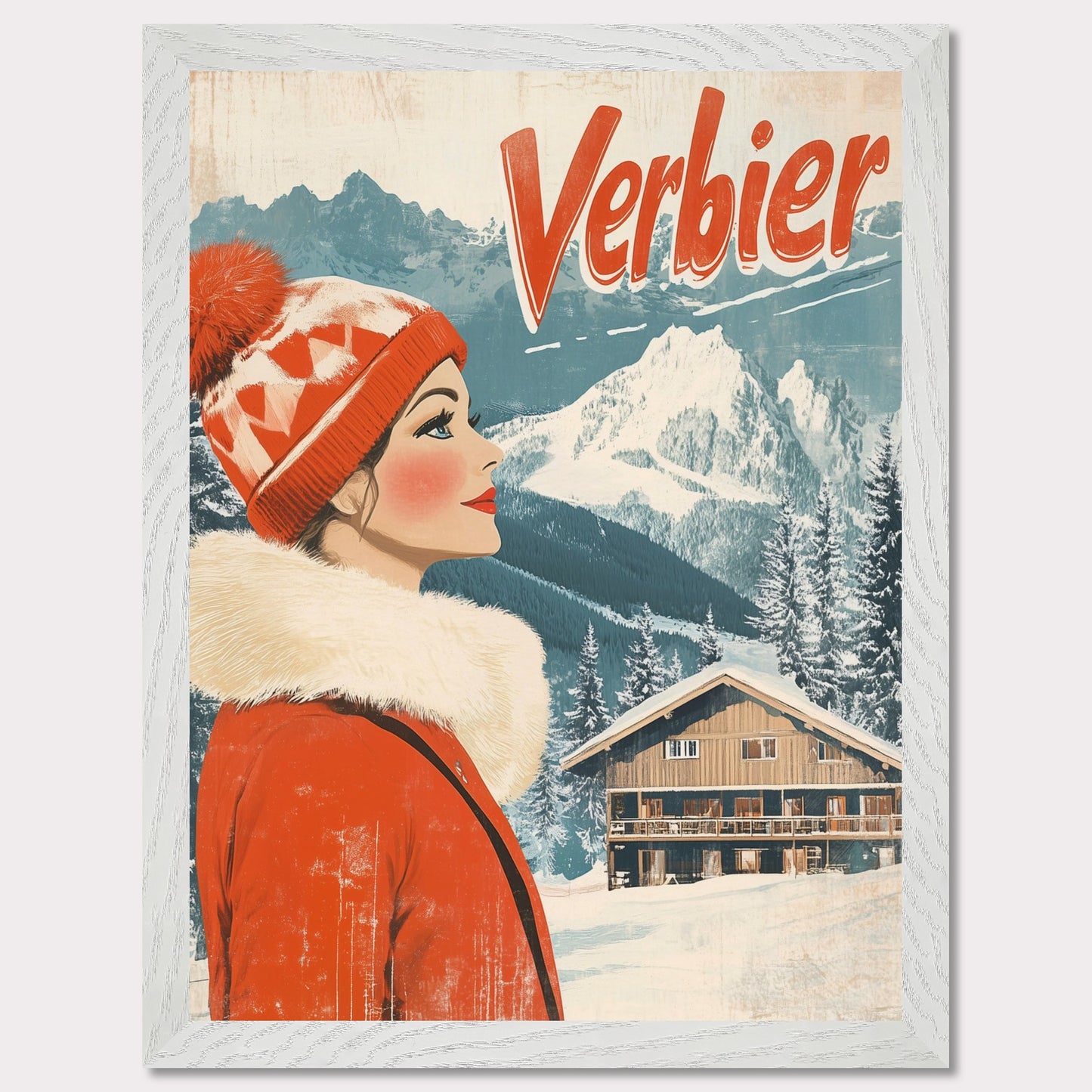 This elegant retro-style poster features a woman in a stylish red winter coat and pom-pom hat, looking towards the majestic Verbier mountains. The soft pastel tones and crisp white snow provide a serene backdrop, while the vintage design and typography evoke a sense of sophistication and timeless charm. The poster conveys the allure of Verbier as both an adventure and a refined escape into nature’s beauty.