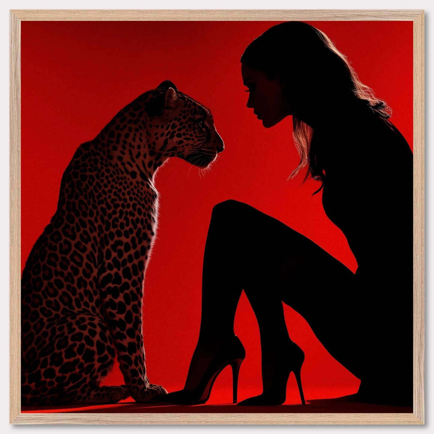 This illustration depicts a silhouette of a woman and a leopard against a vibrant red background. The woman is wearing high heels and is in a kneeling position, facing the leopard. The scene creates a dramatic and intense atmosphere through the use of contrasting colors and shadow play.