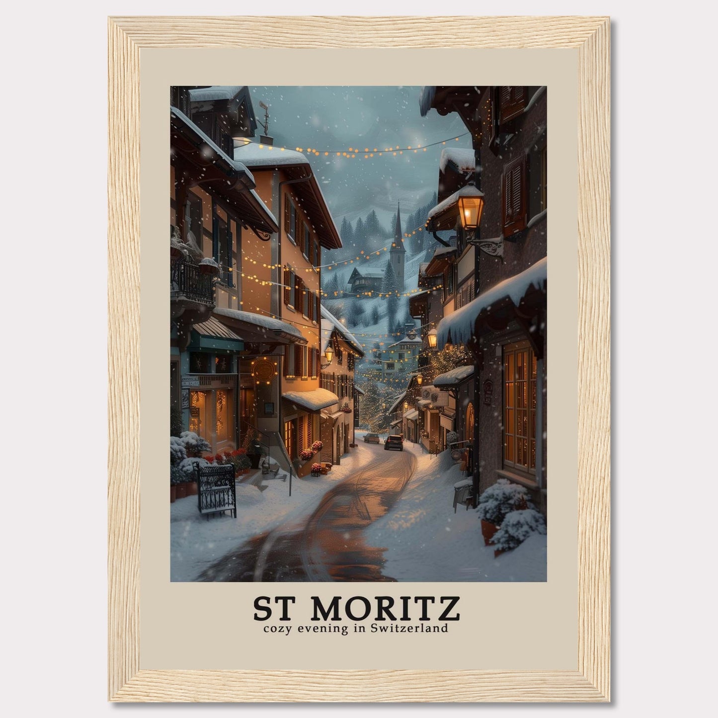 This photo showcases a charming winter evening in St. Moritz, Switzerland. The scene features snow-covered streets adorned with warm, glowing lights, quaint buildings with festive decorations, and a serene, picturesque ambiance.