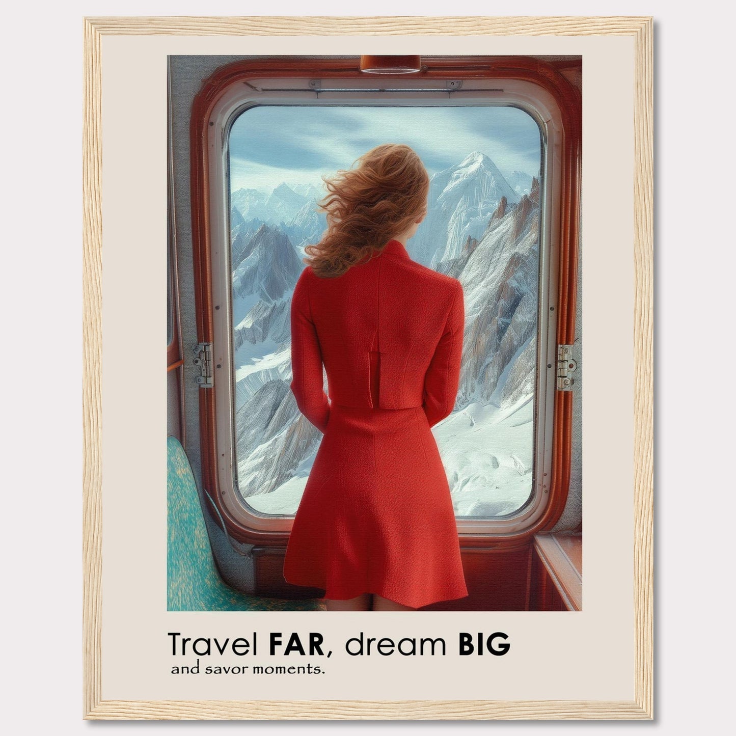 A woman in a red dress gazes out of a train window at majestic snow-covered mountains.