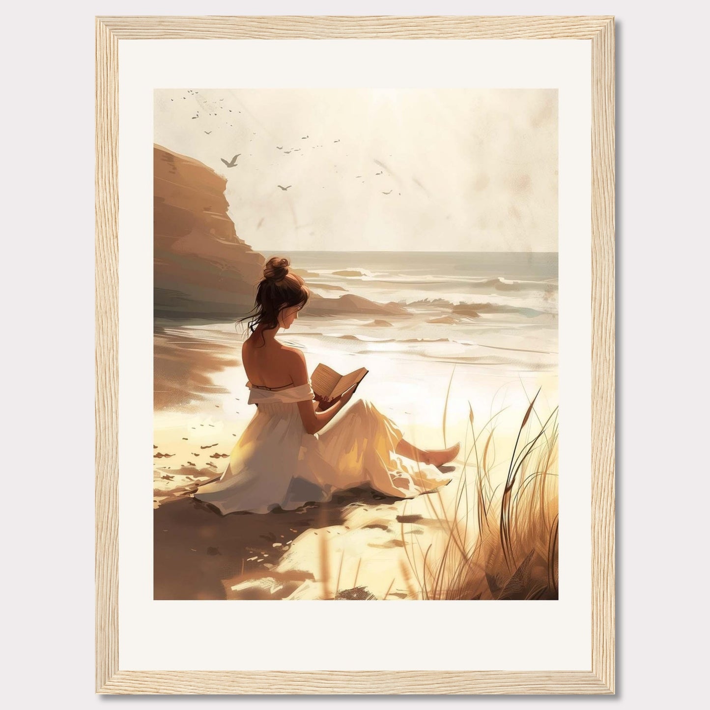 This serene artwork depicts a woman in a white dress sitting on a sandy beach, engrossed in a book. The sun casts a warm golden glow over the scene, enhancing the tranquil atmosphere. In the background, waves gently crash against the shore, and birds soar in the sky.