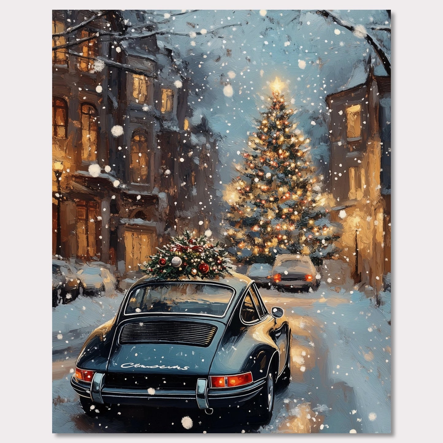 This enchanting poster portrays a snowy Swiss street with a beautifully adorned vintage car carrying a Christmas tree. The softly glowing lights and festive decorations create an atmosphere of joyous holiday anticipation. The combination of timeless cars and seasonal spirit brings a unique charm to this holiday scene.