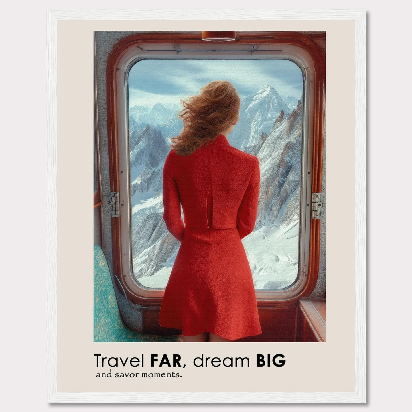 A woman in a red dress gazes out of a train window at majestic snow-covered mountains.