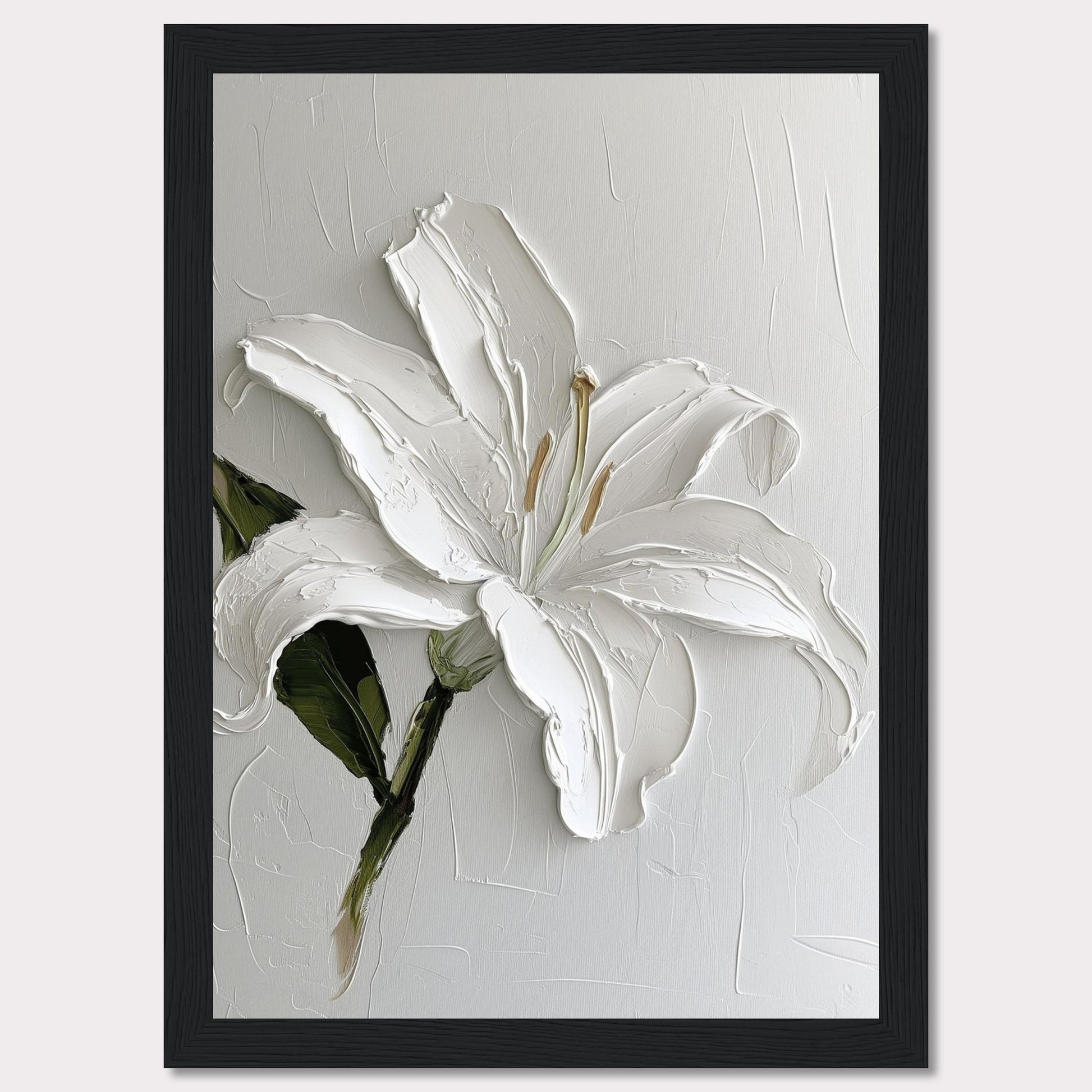 This image showcases a stunning textured painting of a white lily, elegantly framed in black. The thick brushstrokes add depth and dimension to the petals, creating a lifelike appearance. The background is kept minimal, allowing the flower to be the focal point.