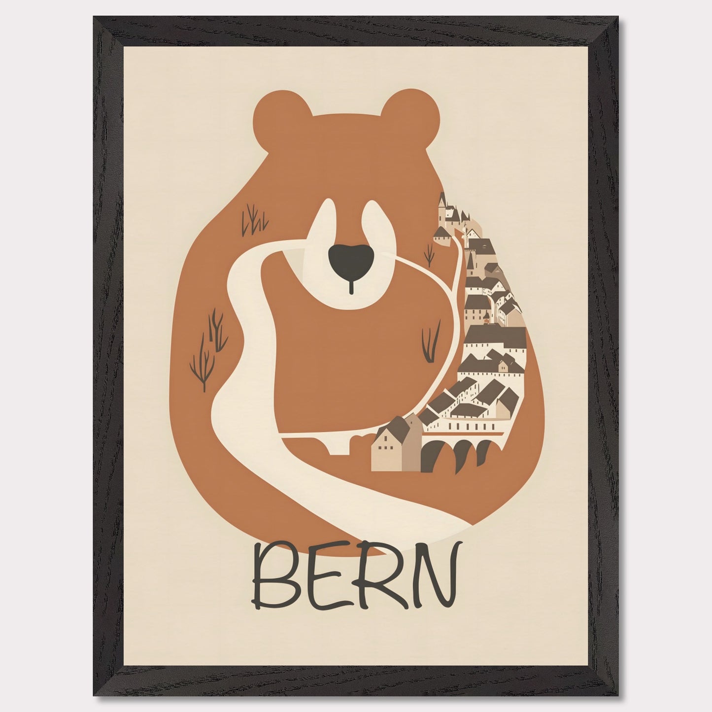 This charming poster features a stylized depiction of Bern, Switzerland, where the iconic bear—symbol of the city—seamlessly merges with the winding streets and historic architecture. The earthy tones and minimalist design evoke a sense of warmth and tradition, reflecting the city's rich history and natural surroundings.