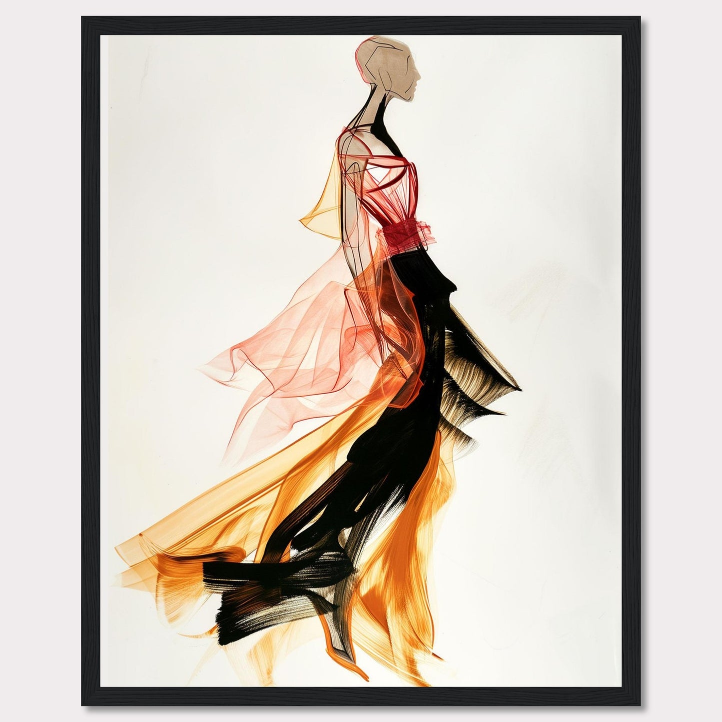 This captivating artwork showcases a fashion illustration of a figure in a flowing, vibrant dress. The dress features dynamic colors and textures, blending red, orange, and black hues. The abstract style and fluid lines create a sense of movement and elegance.