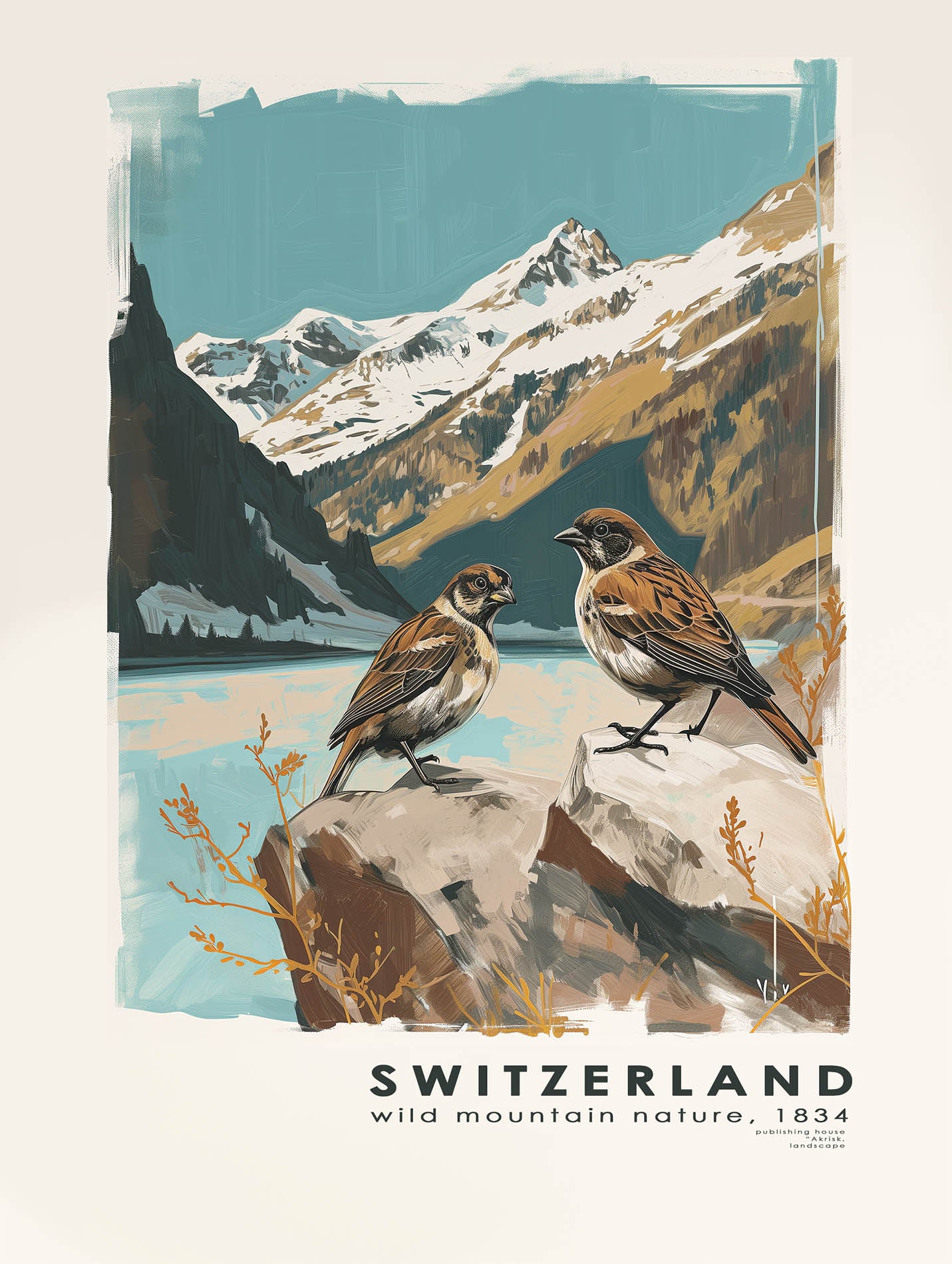 Swiss Landscape with Birds Poster - ArtDarts poster