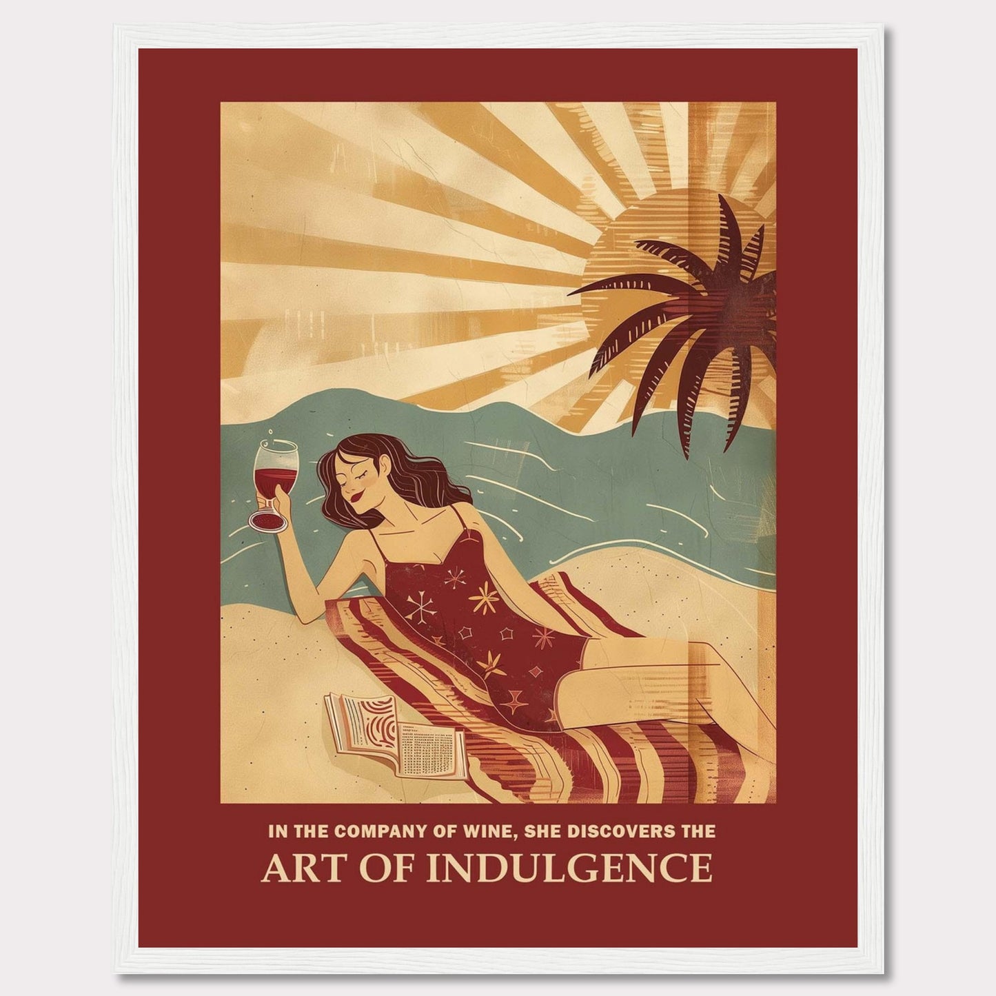 This vibrant poster features a woman relaxing on a beach with a glass of wine. The sun is setting behind a palm tree, casting warm rays over the scene. She is lying on a striped blanket with an open book beside her, embodying a moment of pure relaxation and indulgence.