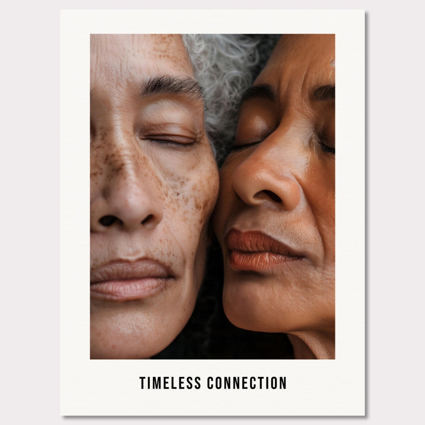 This illustration shows a close-up view of two elderly individuals with their eyes closed, conveying a sense of peace and connection. The text "TIMELESS CONNECTION" is displayed at the bottom.

This poster would fit well in a living room, bedroom, or any space meant for relaxation and reflection.