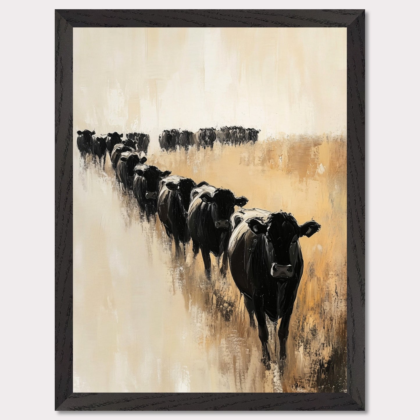 This captivating artwork portrays a herd of black cows walking in a line across a serene, golden field. The abstract brush strokes and muted color palette evoke a sense of calm and tranquility.