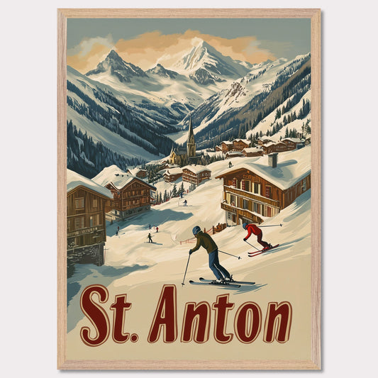 This captivating poster showcases the thrill of skiing in St. Anton, with a group of skiers carving through the fresh powder beneath the dramatic peaks of the Alps. The background features a picturesque village of wooden chalets nestled among the snow, while the rich retro colors and typography emphasize the adventurous spirit of St. Anton as a premier ski destination. The poster evokes both the excitement of the slopes and the warmth of alpine hospitality.