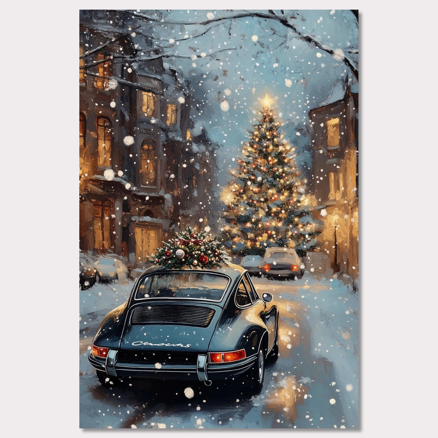 This enchanting poster portrays a snowy Swiss street with a beautifully adorned vintage car carrying a Christmas tree. The softly glowing lights and festive decorations create an atmosphere of joyous holiday anticipation. The combination of timeless cars and seasonal spirit brings a unique charm to this holiday scene.