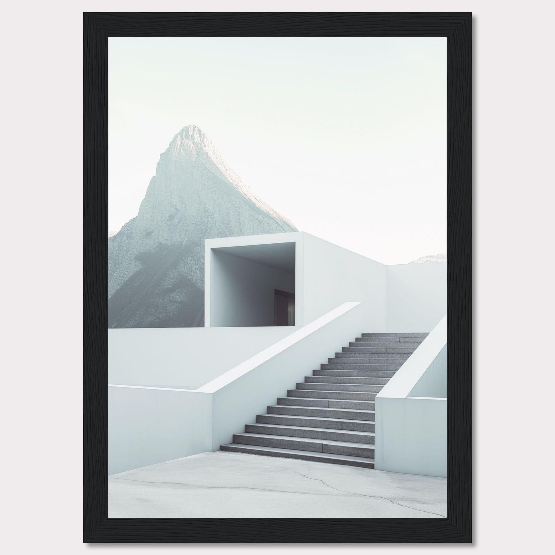 This minimalist artwork features a serene mountain backdrop with a modern architectural staircase leading to a simple, open structure. The clean lines and soft color palette evoke a sense of tranquility and sophistication.