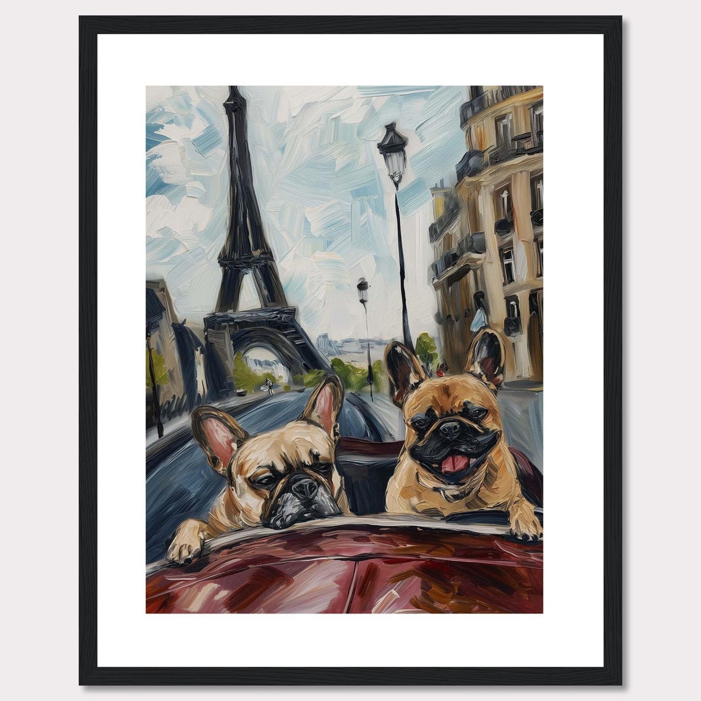 This vibrant painting captures two adorable French Bulldogs enjoying a ride in a car with the iconic Eiffel Tower in the background. The artwork beautifully blends elements of Parisian architecture, street lamps, and the joyful expressions of the dogs.