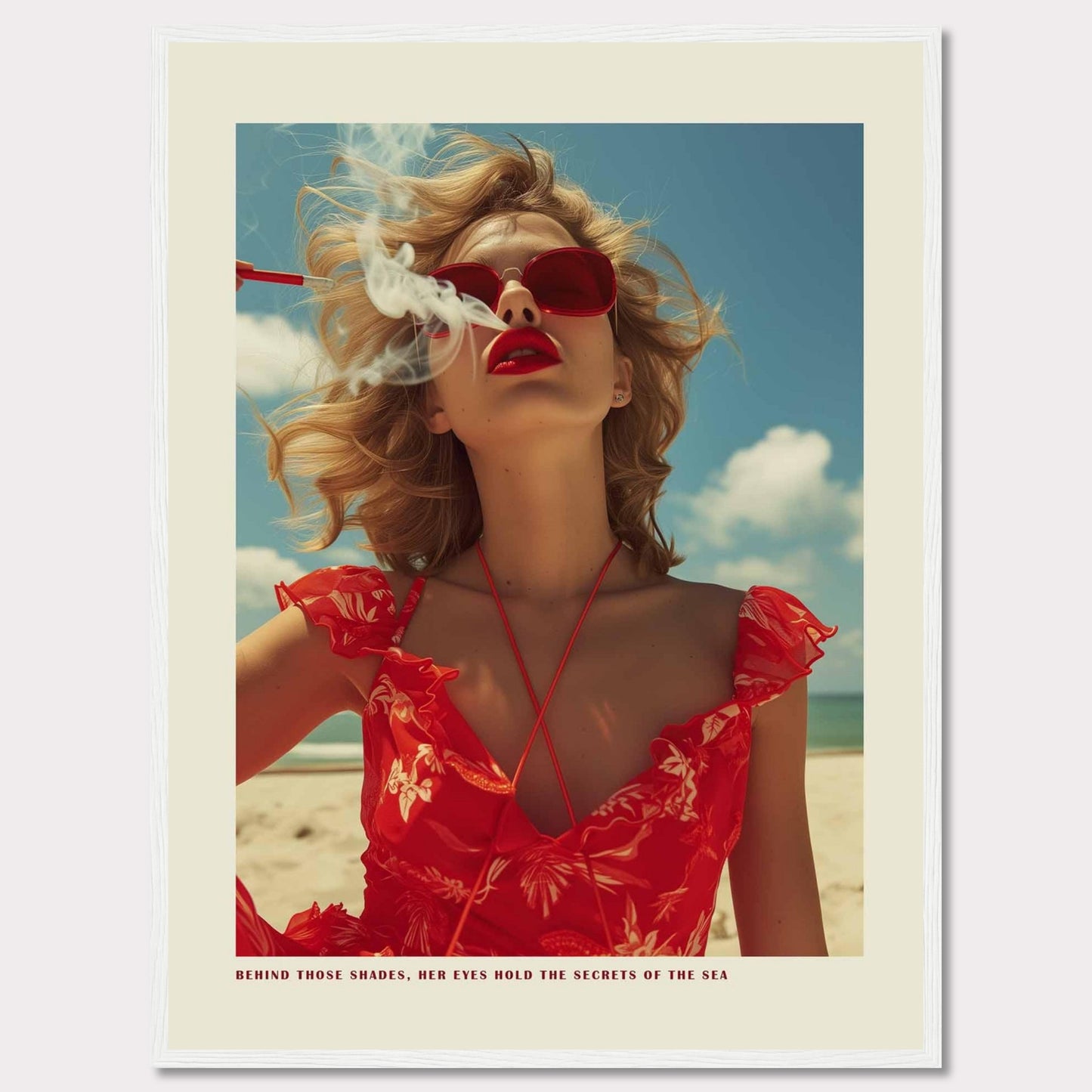 This striking image features a woman in a vibrant red dress and matching sunglasses, exuding confidence and mystery. The ocean and sky form the serene backdrop, while smoke adds an air of intrigue. The caption reads, "BEHIND THOSE SHADES, HER EYES HOLD THE SECRETS OF THE SEA."