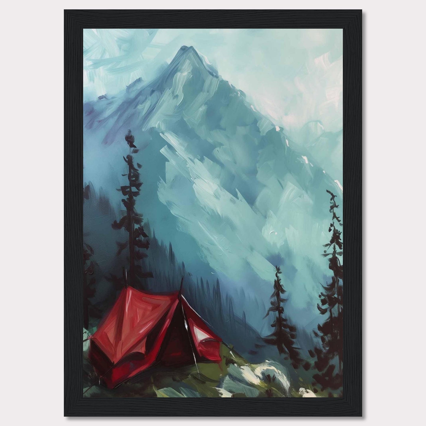 This captivating painting depicts a serene mountain landscape with a vibrant red tent pitched among tall pine trees. The majestic mountain in the background is shrouded in mist, adding a sense of mystery and tranquility to the scene. The contrast between the bold red tent and the cool blue tones of the mountain creates a striking visual effect.