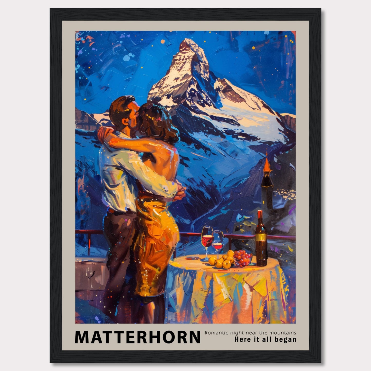 A romantic painting depicting a couple embracing near the Matterhorn mountain.