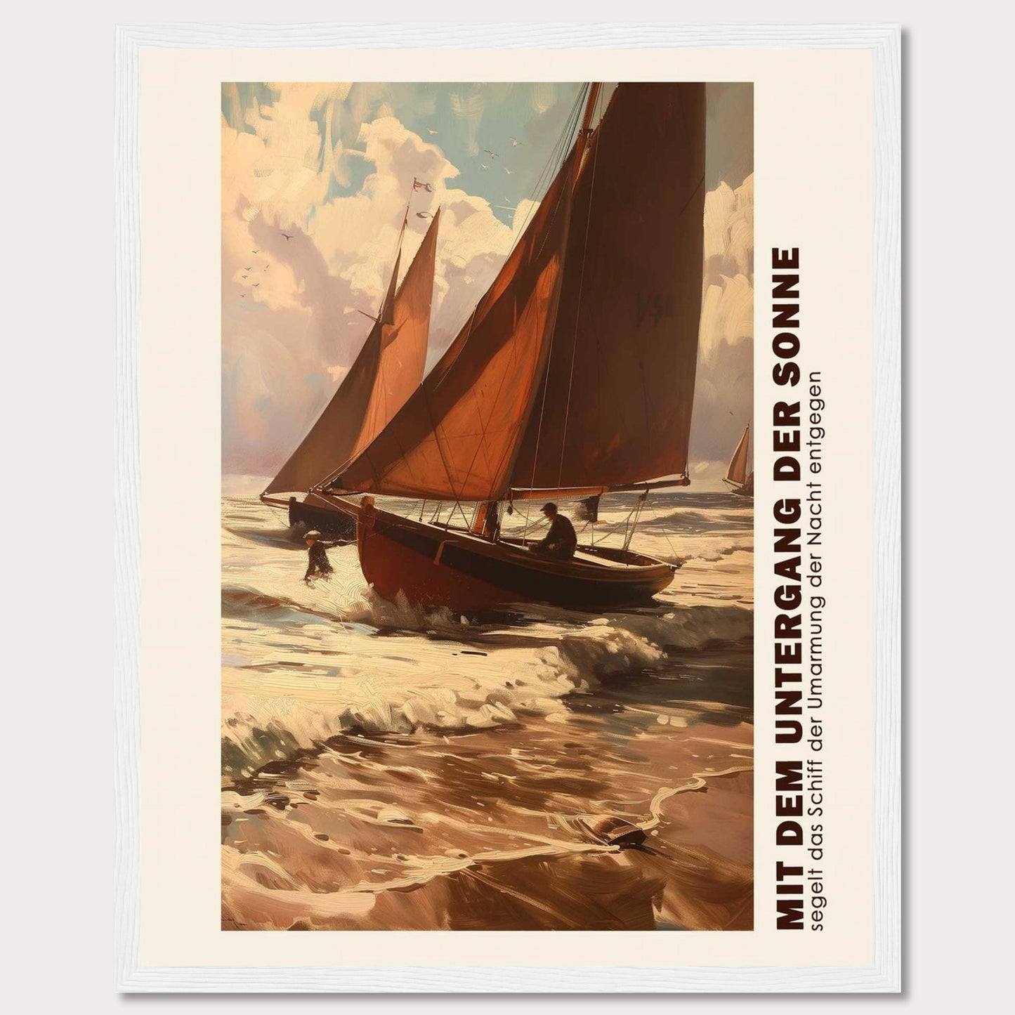 This captivating artwork depicts two sailboats navigating through the waves at sunset, with the sky painted in warm hues of orange and pink. The scene evokes a sense of adventure and tranquility as the boats head towards the horizon. The text on the side reads "MIT DEM UNTERGANG DER SONNE segelt das Schiff der Umarmung der Nacht entgegen," which translates to "With the setting of the sun, the ship sails towards the embrace of the night."