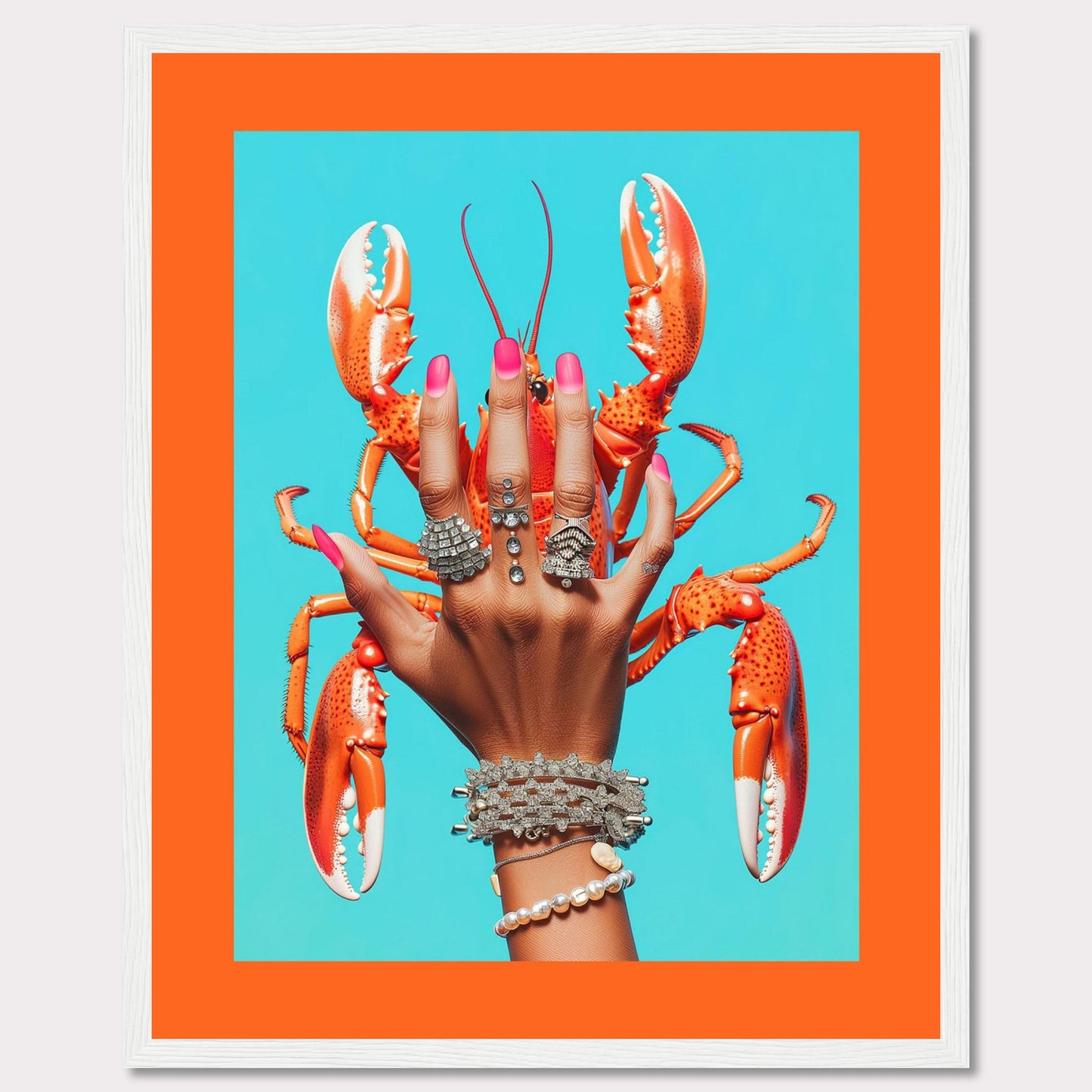 This vibrant and quirky artwork features a hand adorned with luxurious rings and bracelets, holding a bright orange lobster against a vivid blue background. The contrast between the bold colors and the intricate jewelry creates a striking visual impact.