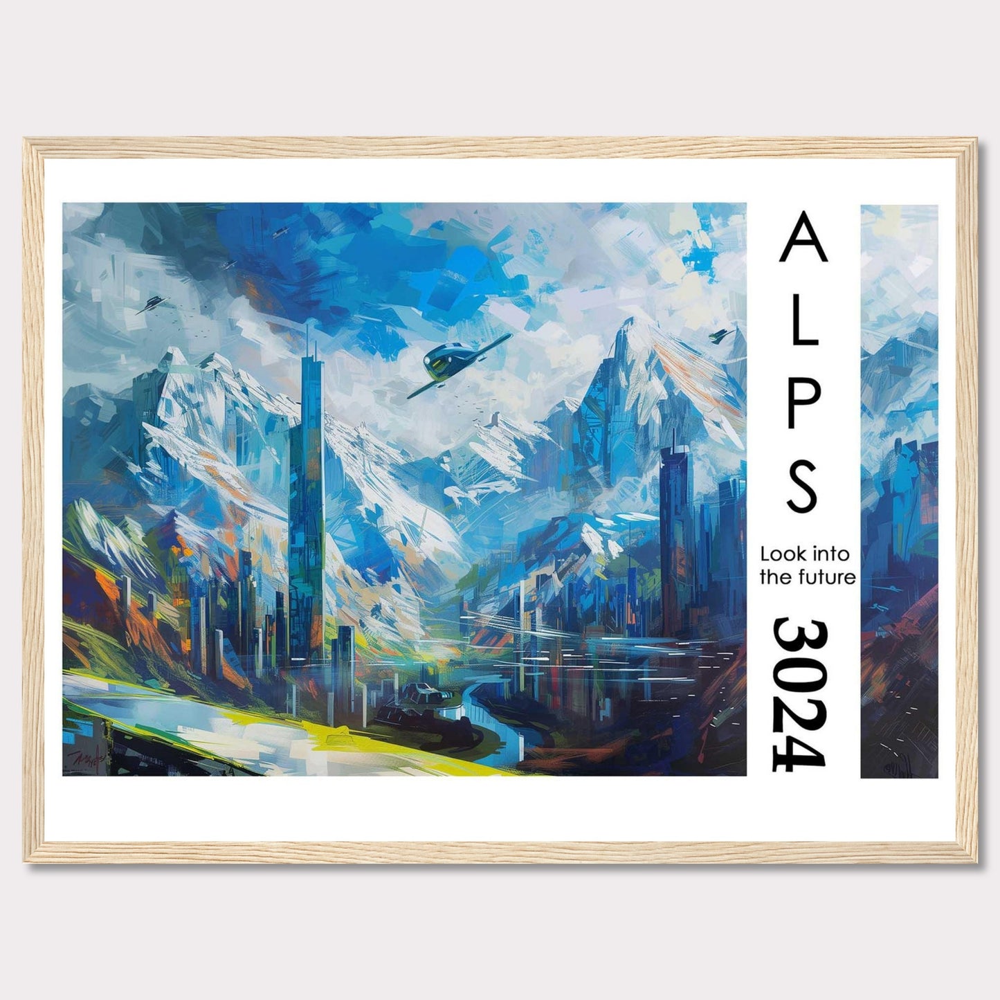 This artwork portrays a futuristic cityscape nestled within the majestic Alps, featuring towering skyscrapers, serene water bodies, and flying vehicles.