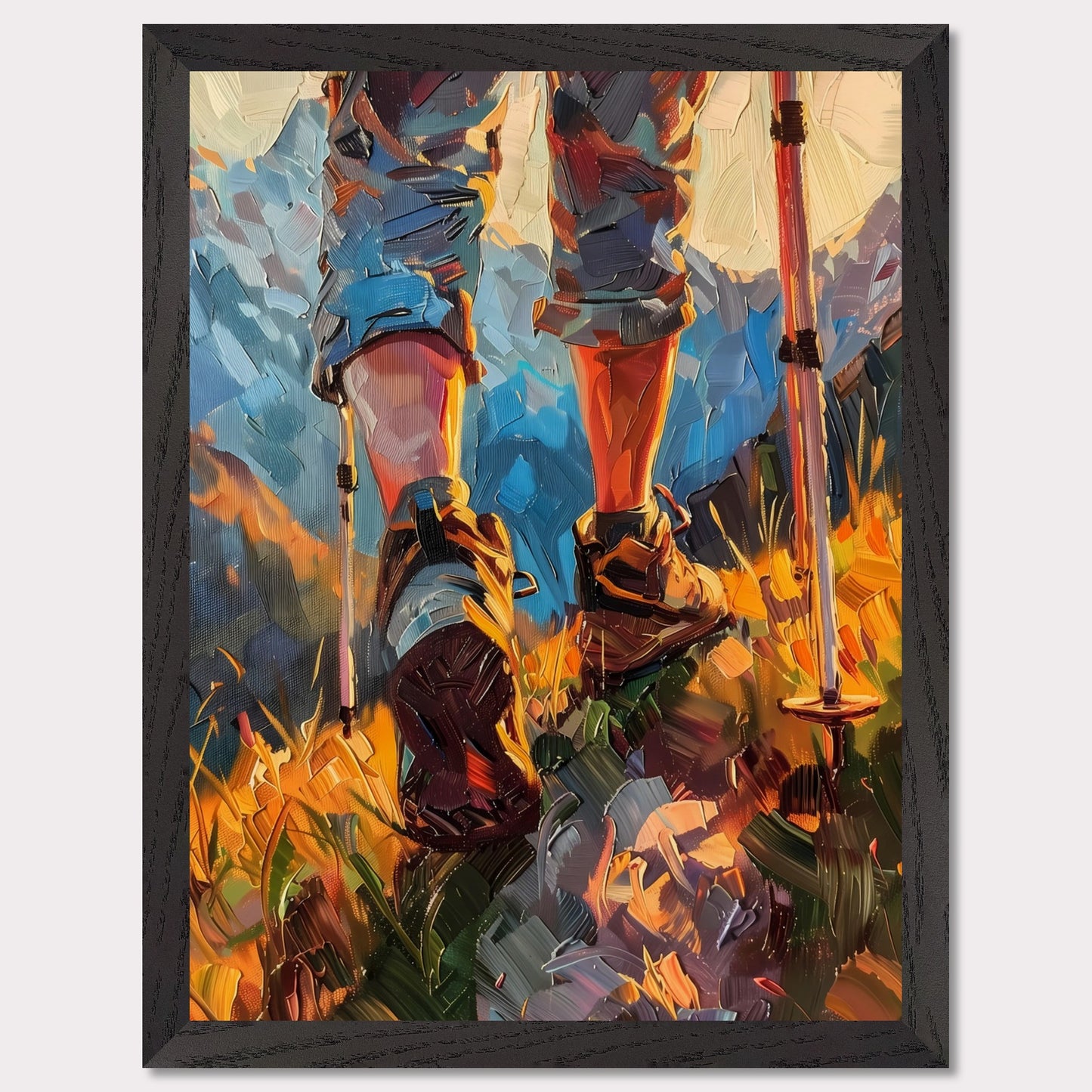 This illustration depicts a hiker's legs and feet as they traverse a vibrant, mountainous landscape. The scene is painted with bold, expressive brushstrokes, emphasizing the dynamic movement and rugged terrain.