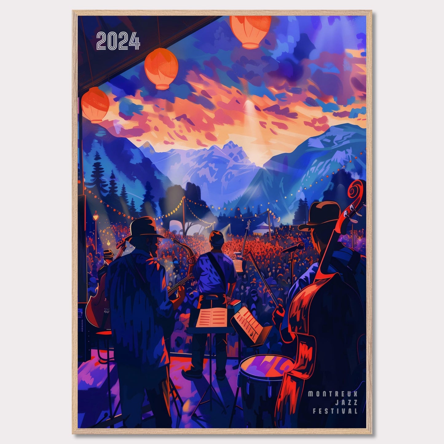 This vibrant poster depicts a lively jazz festival set against a stunning mountain backdrop. The scene is illuminated by colorful lanterns and features a band performing to a large, enthusiastic crowd. The sky is painted with dramatic hues of orange and purple, enhancing the festive atmosphere.