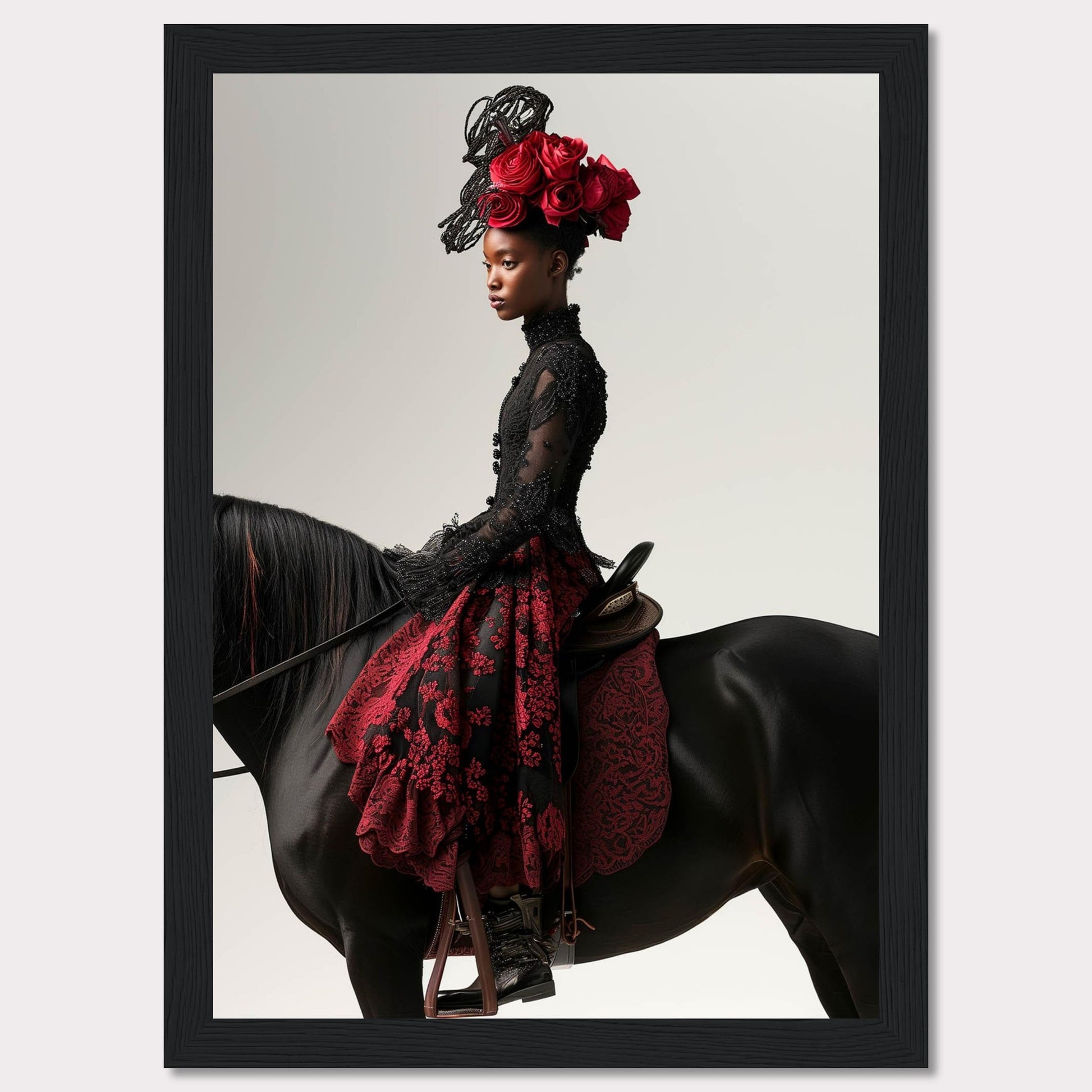 This striking image features a poised woman in an elegant black and red lace dress, adorned with an elaborate headpiece of red roses. She sits gracefully on a majestic black horse, exuding confidence and sophistication.