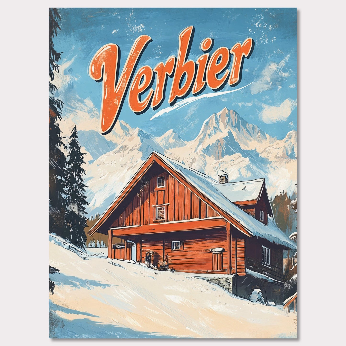 This vintage-inspired poster features a charming wooden chalet nestled against the stunning mountains of Verbier. The warm tones of the cabin contrast beautifully with the snowy landscape and towering peaks, creating a welcoming, serene winter scene. The retro design with bold typography invites viewers to imagine a peaceful retreat in the heart of the Swiss Alps, where adventure and comfort come together.