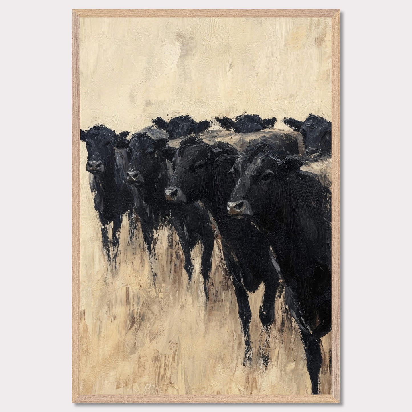 This captivating painting depicts a group of black cows standing together, evoking a sense of unity and strength. The textured brushstrokes and neutral background create a striking contrast, highlighting the animals' dark forms.