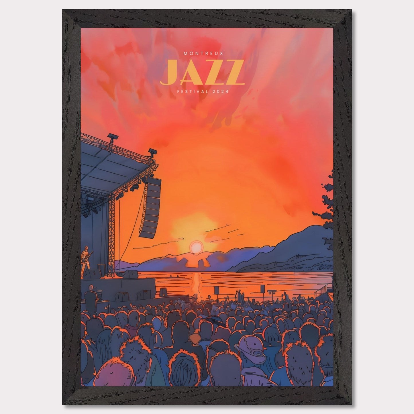 This vibrant poster showcases the Montreux Jazz Festival 2024, capturing the essence of a live outdoor concert at sunset. The scene is set with a large crowd facing a stage where a musician performs against a backdrop of a stunning sunset over a lake and mountains.