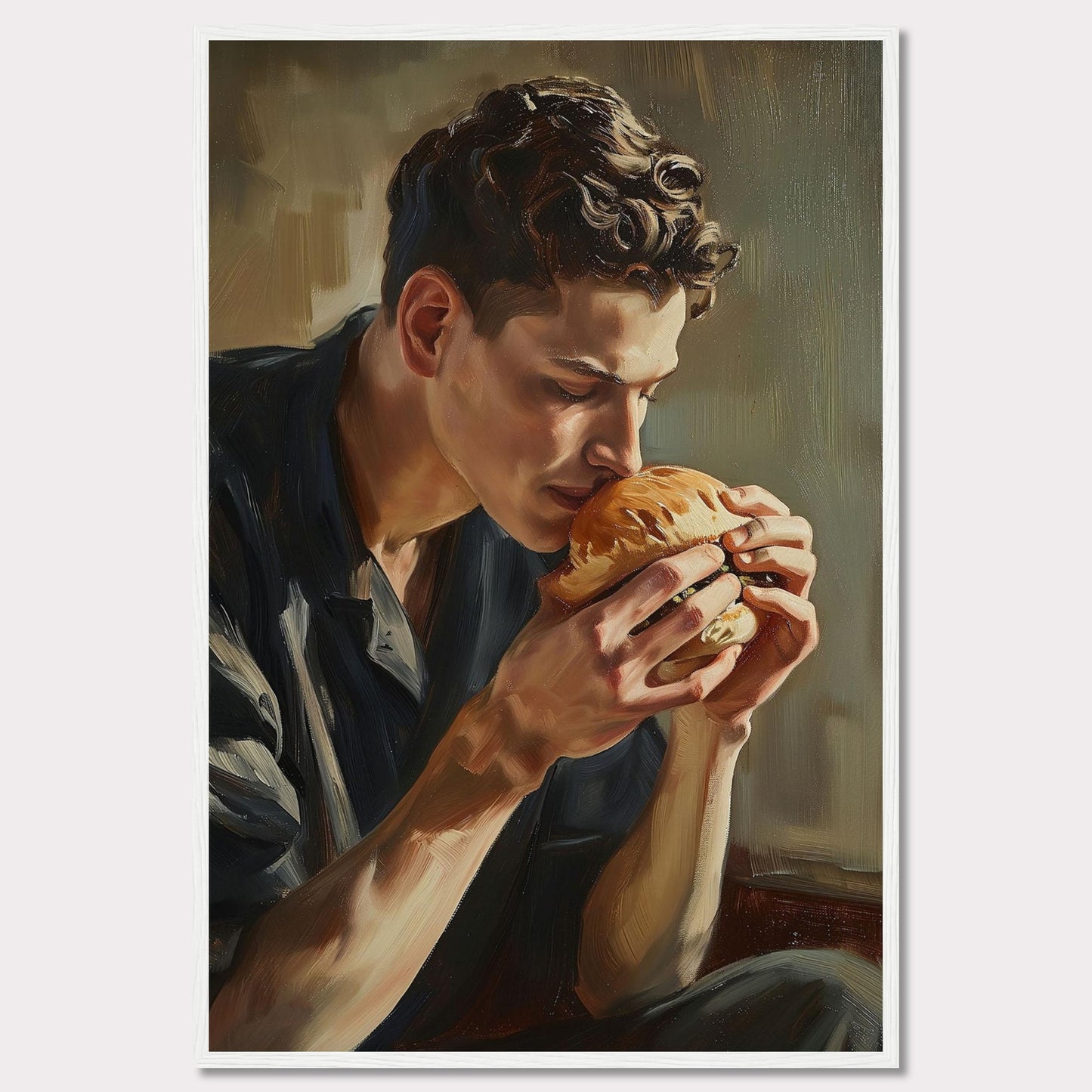 This captivating painting depicts a young man deeply savoring the aroma of a freshly made burger. The rich, detailed brushstrokes highlight the intensity of the moment, capturing a sense of appreciation and contentment.