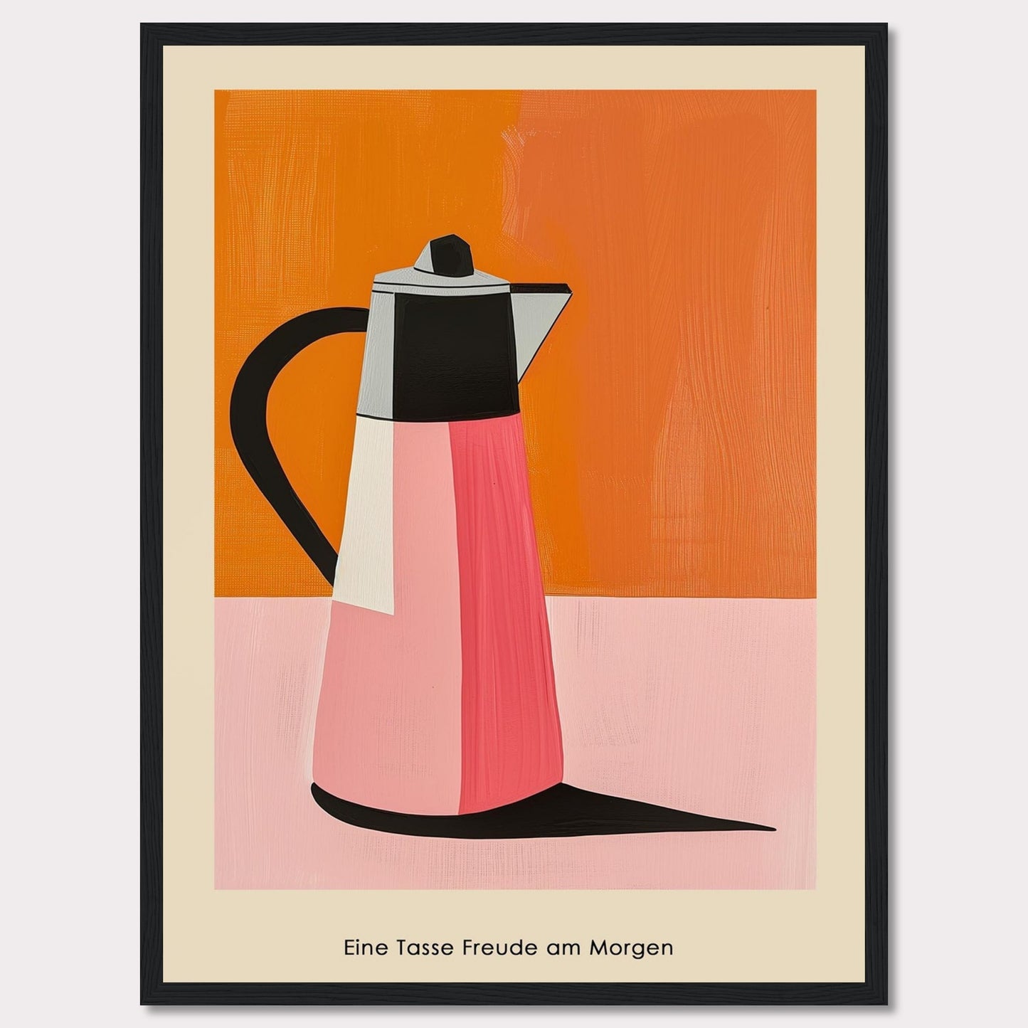 This image features a vibrant, modern art depiction of a coffee pot against a bold orange and pink background.