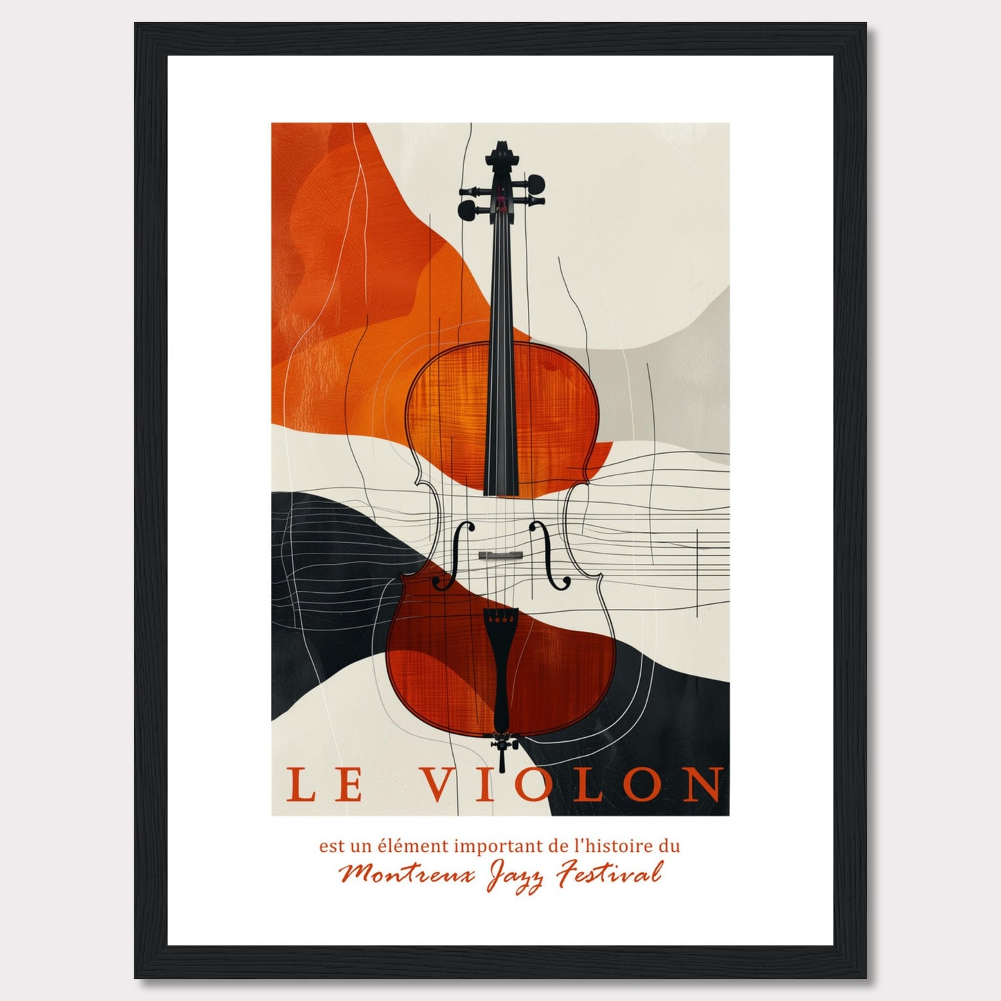 This image features a beautifully designed poster highlighting the importance of the violin in the history of the Montreux Jazz Festival. The central focus is a vibrant, artistic depiction of a violin set against an abstract background of orange, black, and beige shapes.