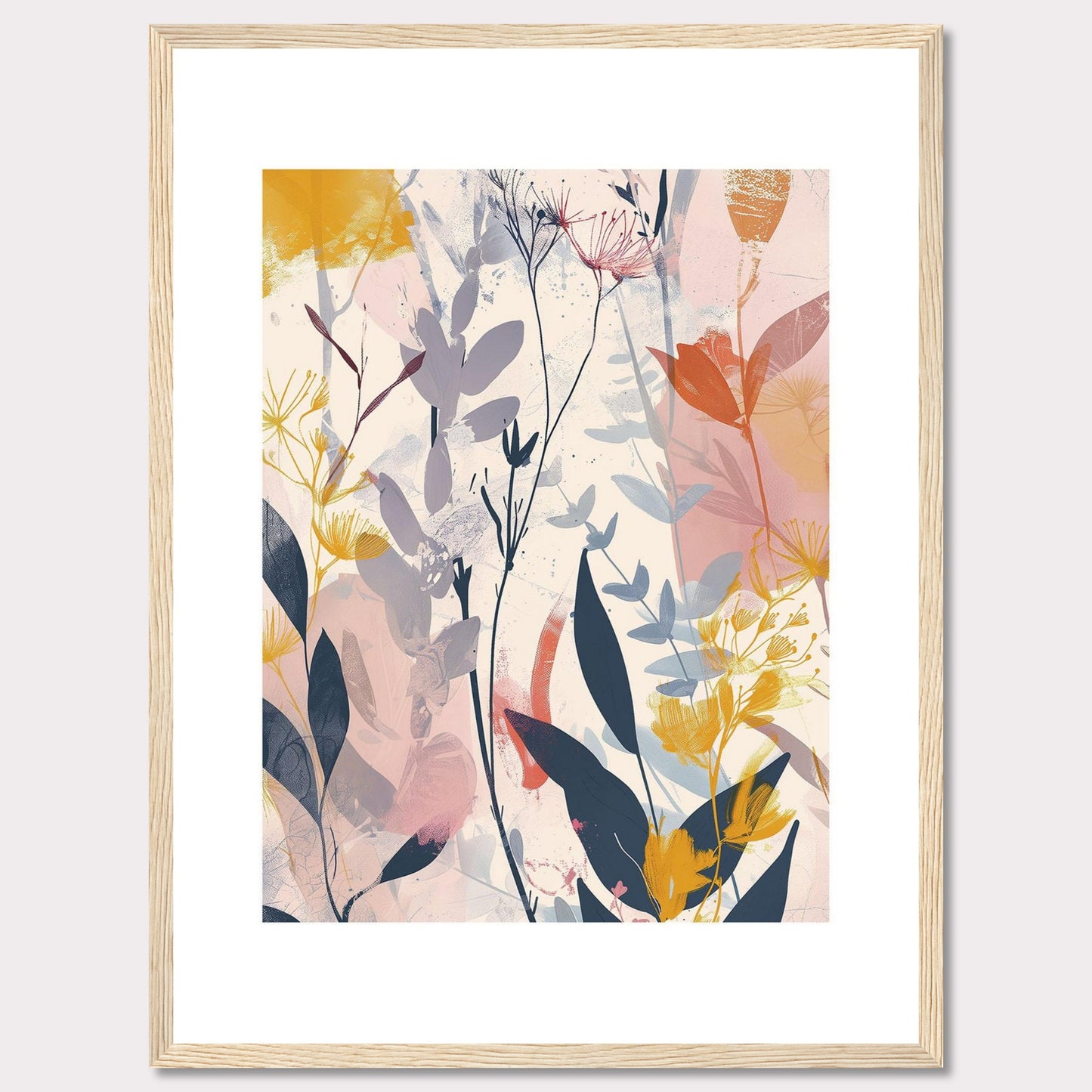 This image showcases a beautiful abstract botanical art print. It features a blend of soft and vibrant colors, depicting various plant forms and leaves.