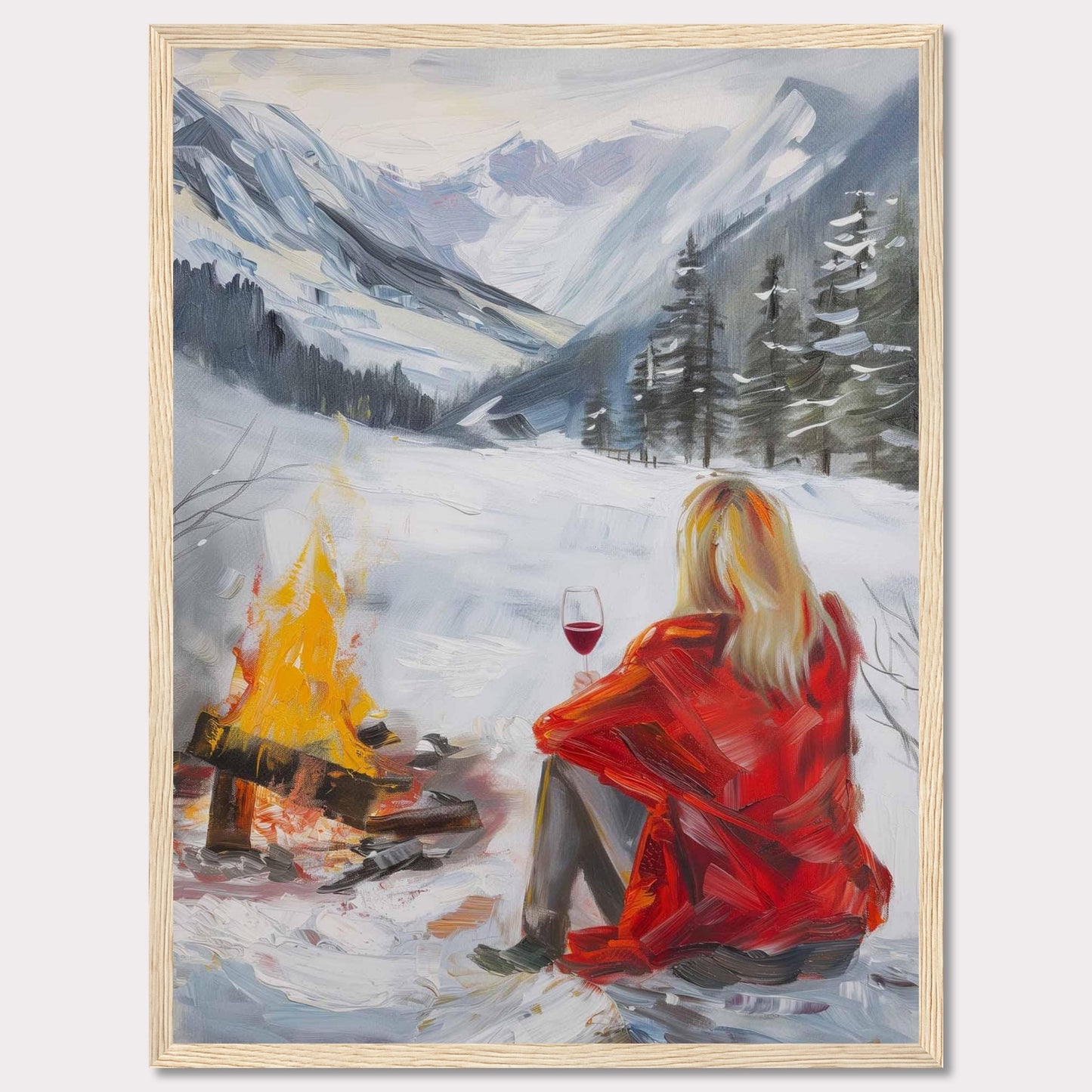 This painting captures a serene winter scene where a person in a red coat sits by a campfire, enjoying a glass of wine amidst a snowy landscape. The backdrop features majestic snow-covered mountains and evergreen trees.