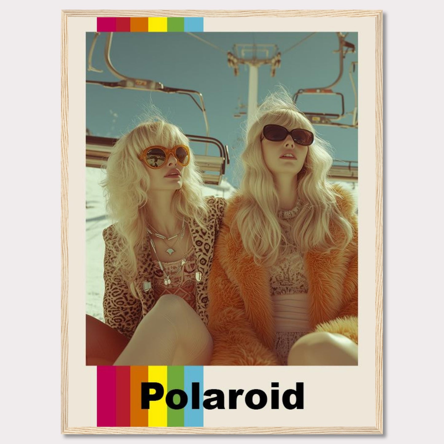 This vibrant Polaroid poster captures two stylish women wearing retro outfits and sunglasses, enjoying a sunny day on a ski lift.