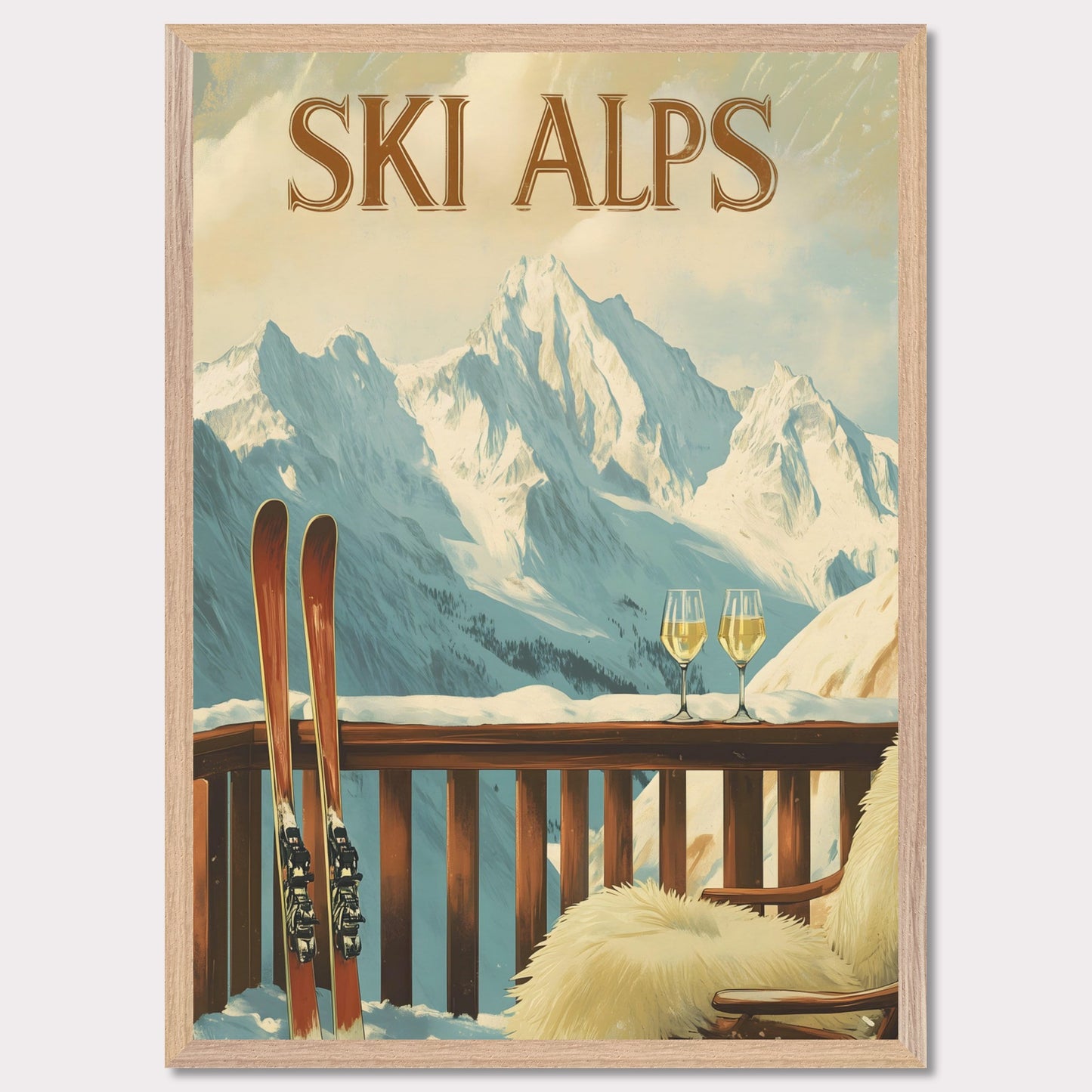 This soothing poster transports you to a tranquil alpine terrace with a breathtaking view of snow-covered peaks. A wooden chair draped in soft fur and paired with two glasses of sparkling wine sets the tone for a peaceful and intimate winter retreat.