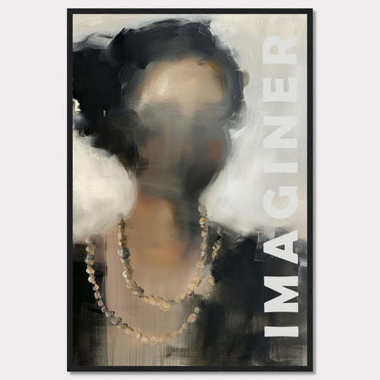 This captivating artwork features an abstract portrait of a person with blurred facial details, adorned with a beaded necklace. The word "IMAGINER" is prominently displayed along the right side, inviting viewers to envision their own interpretations.