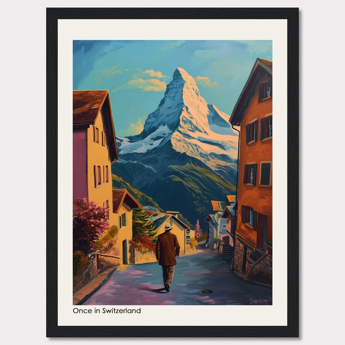 This beautiful painting captures a serene Swiss village with the majestic Matterhorn mountain in the background. The scene features charming houses, a lone figure walking down the street, vibrant foliage, and a clear blue sky.