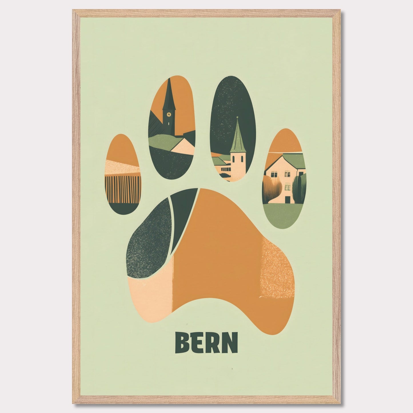 This unique poster blends the charm of Bern’s architecture with the city’s symbolic bear in an abstract, paw-print design. The warm earth tones and clean lines create a harmonious balance between modern minimalism and historical elements.