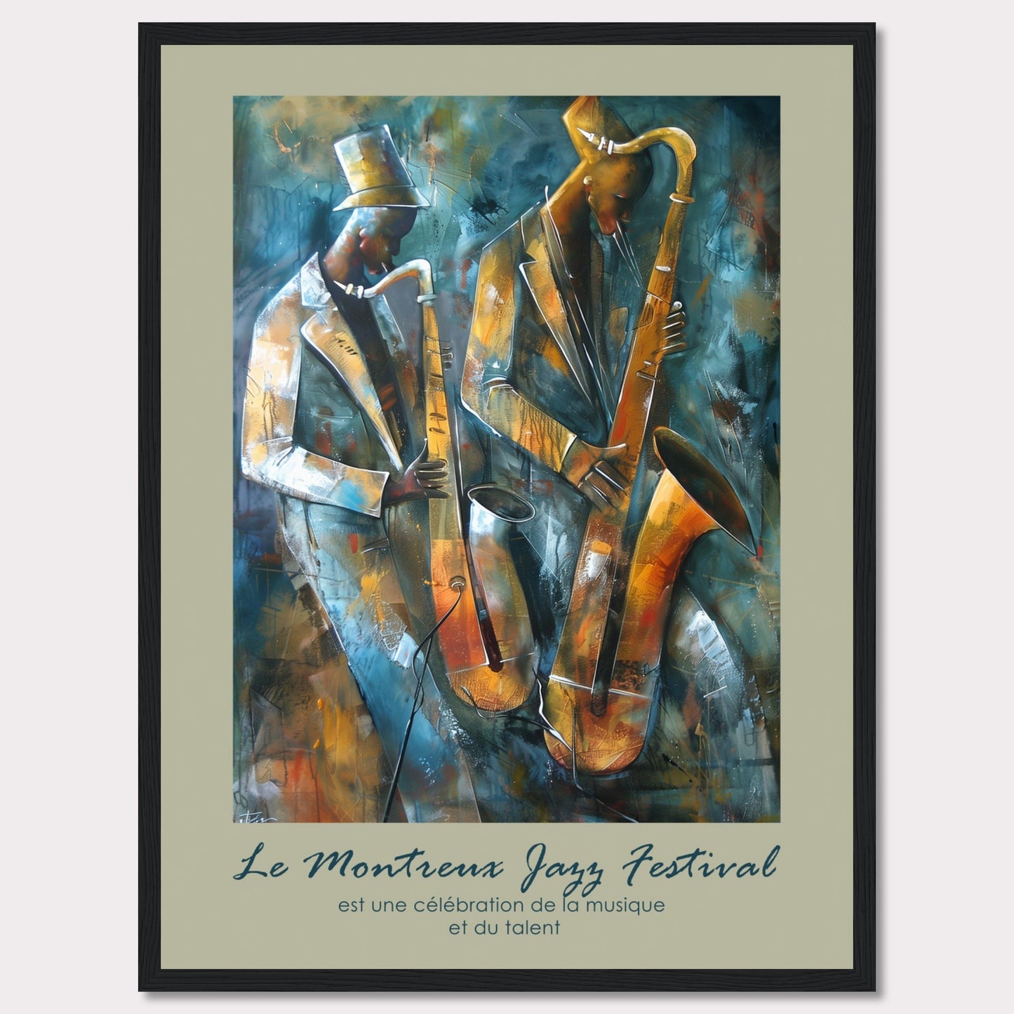 This vibrant artwork captures the essence of jazz with two musicians passionately playing their saxophones. The rich, abstract background adds depth and movement to the scene, emphasizing the dynamic nature of the music. The text at the bottom reads, "Le Montreux Jazz Festival est une célébration de la musique et du talent," highlighting the festival's celebration of music and talent.