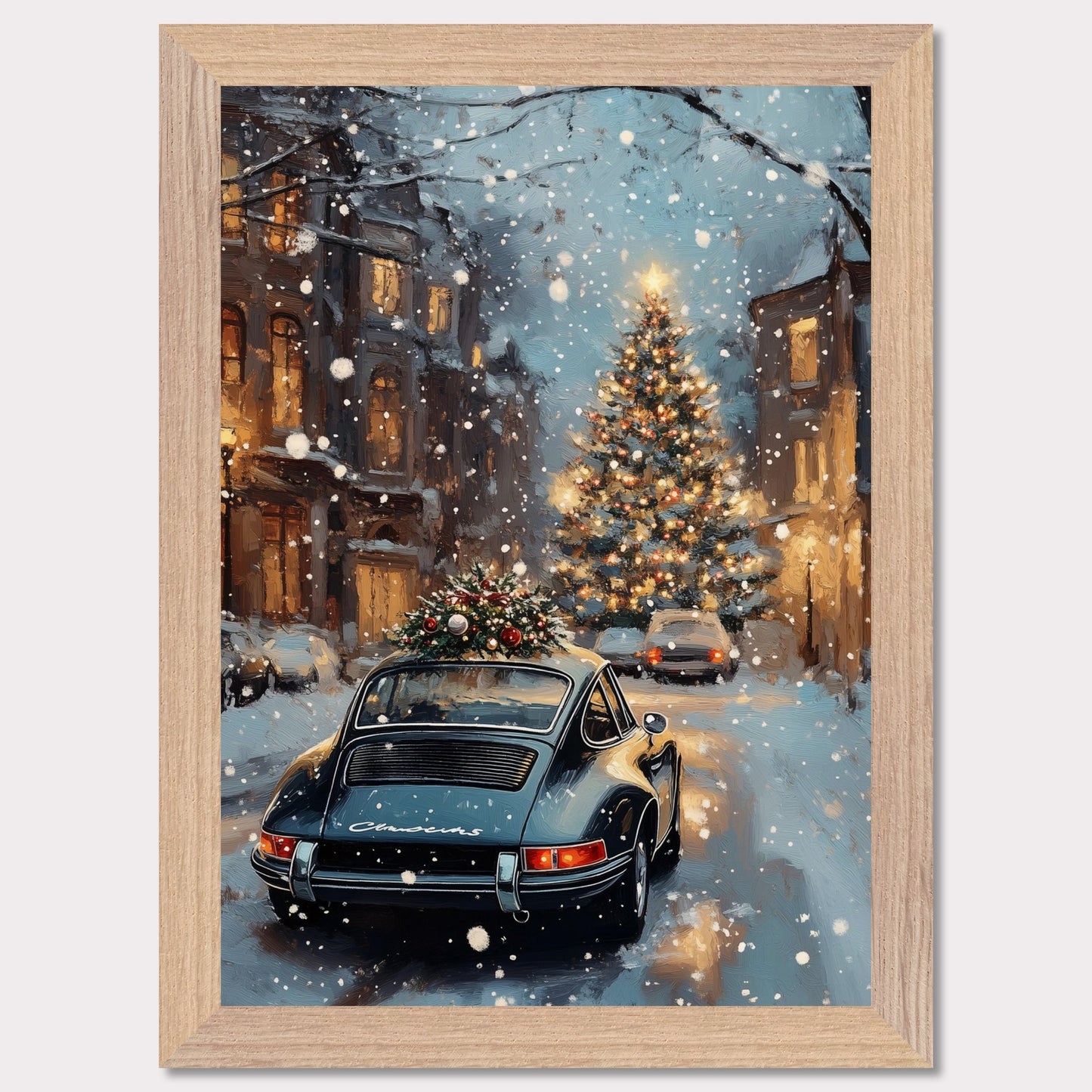 This enchanting poster portrays a snowy Swiss street with a beautifully adorned vintage car carrying a Christmas tree. The softly glowing lights and festive decorations create an atmosphere of joyous holiday anticipation. The combination of timeless cars and seasonal spirit brings a unique charm to this holiday scene.