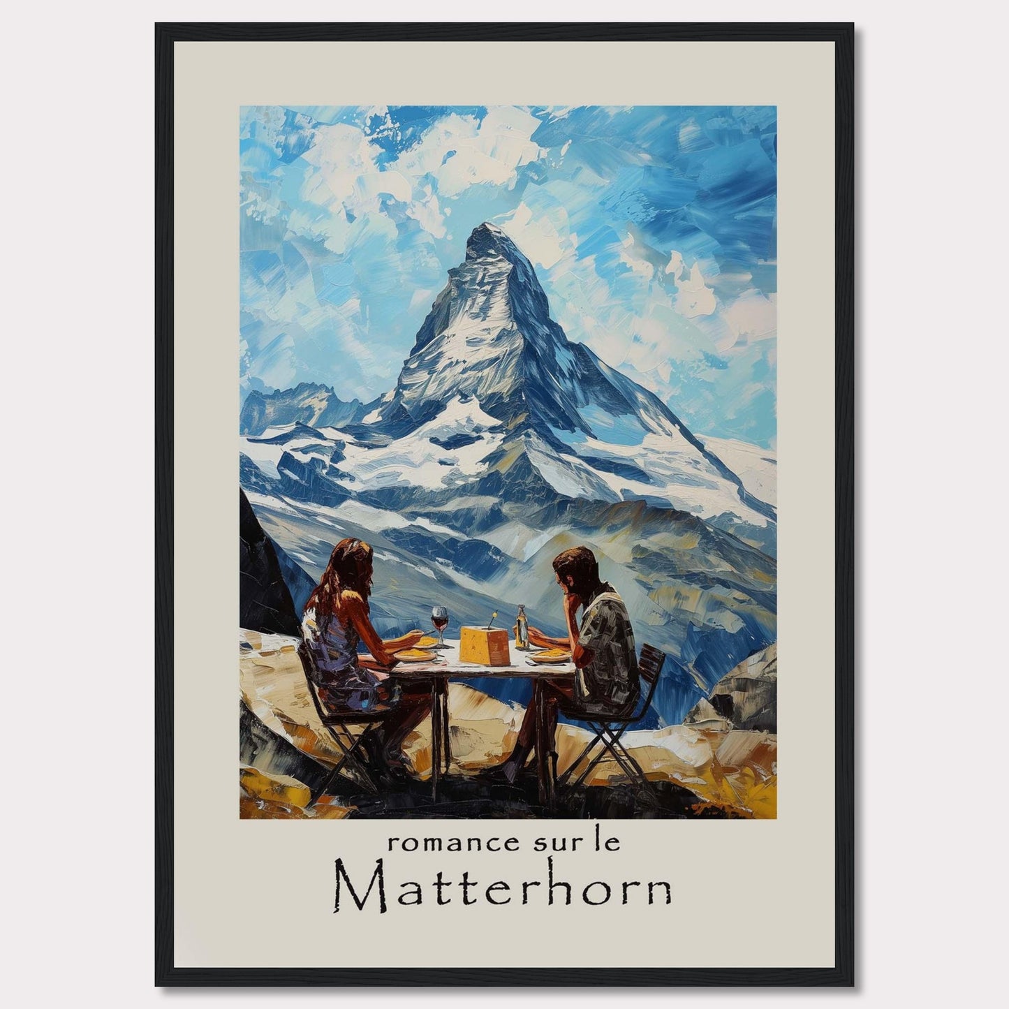 This captivating poster showcases a romantic scene at the Matterhorn, with a couple enjoying a meal against the breathtaking backdrop of the iconic mountain.