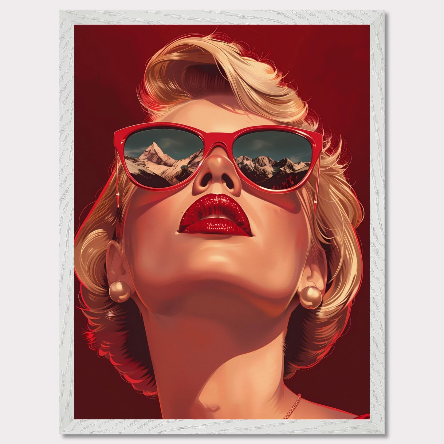 This striking artwork features a glamorous woman with blonde hair, wearing bold red sunglasses that reflect a stunning mountain landscape. Her vibrant red lips and pearl earrings add to the sophisticated and stylish aura of the piece.