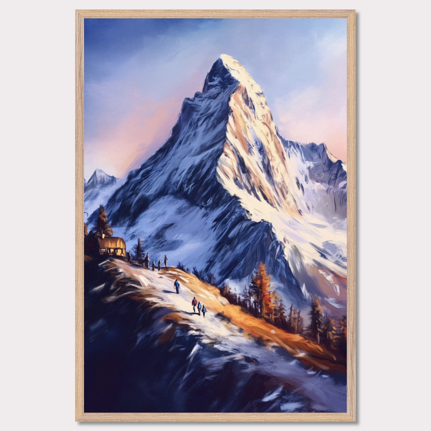 This atmospheric poster captures the awe-inspiring beauty of Zermatt, emphasizing the grandeur of the Matterhorn as it towers over a snow-dusted trail bathed in golden light. The soft, painterly style evokes a sense of tranquility and adventure, blending the rugged alpine landscape with the warmth of human activity.