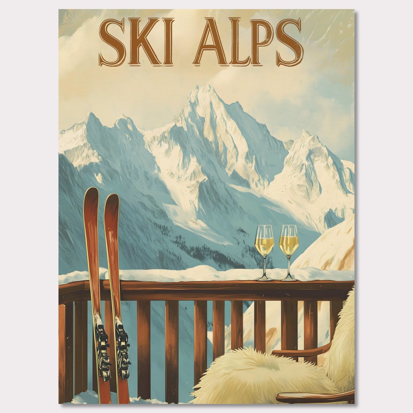 This soothing poster transports you to a tranquil alpine terrace with a breathtaking view of snow-covered peaks. A wooden chair draped in soft fur and paired with two glasses of sparkling wine sets the tone for a peaceful and intimate winter retreat.