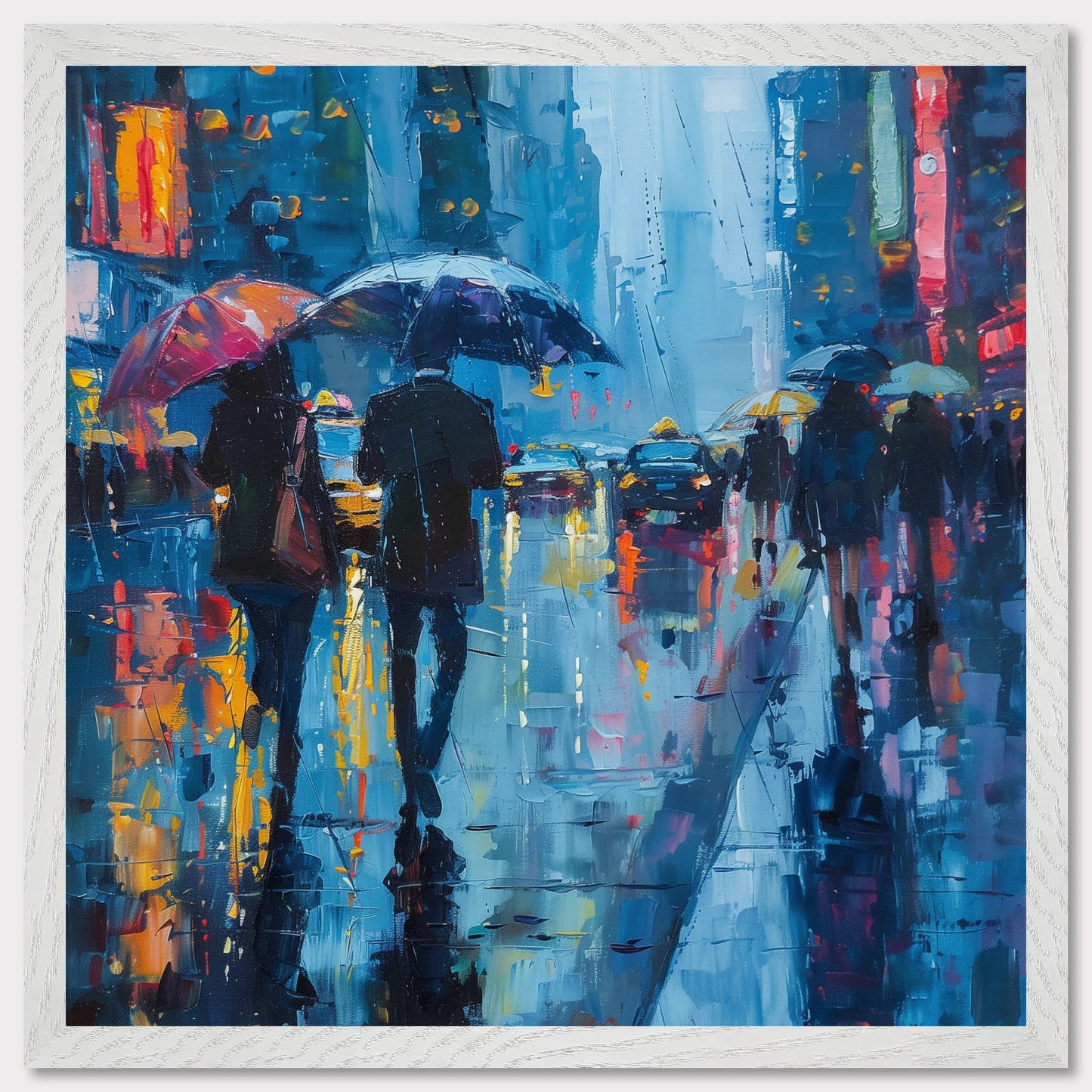 This captivating painting portrays a rainy city street bustling with people holding umbrellas. The vibrant colors and reflections on the wet pavement create a mesmerizing atmosphere.