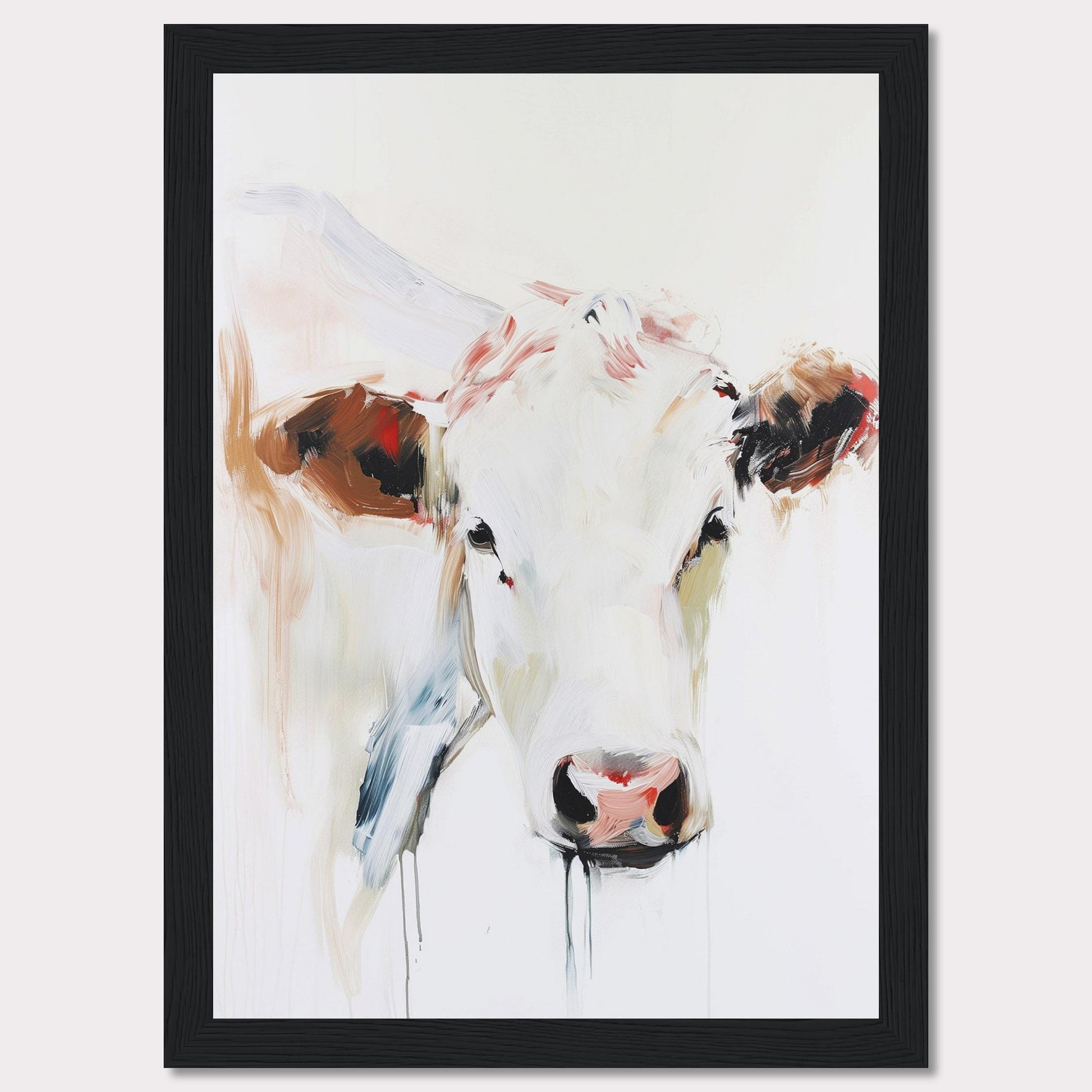 This captivating painting features a close-up of a cow's face, rendered in a modern abstract style. The artwork uses bold brush strokes and a blend of soft and vibrant colors to create a striking visual impact.