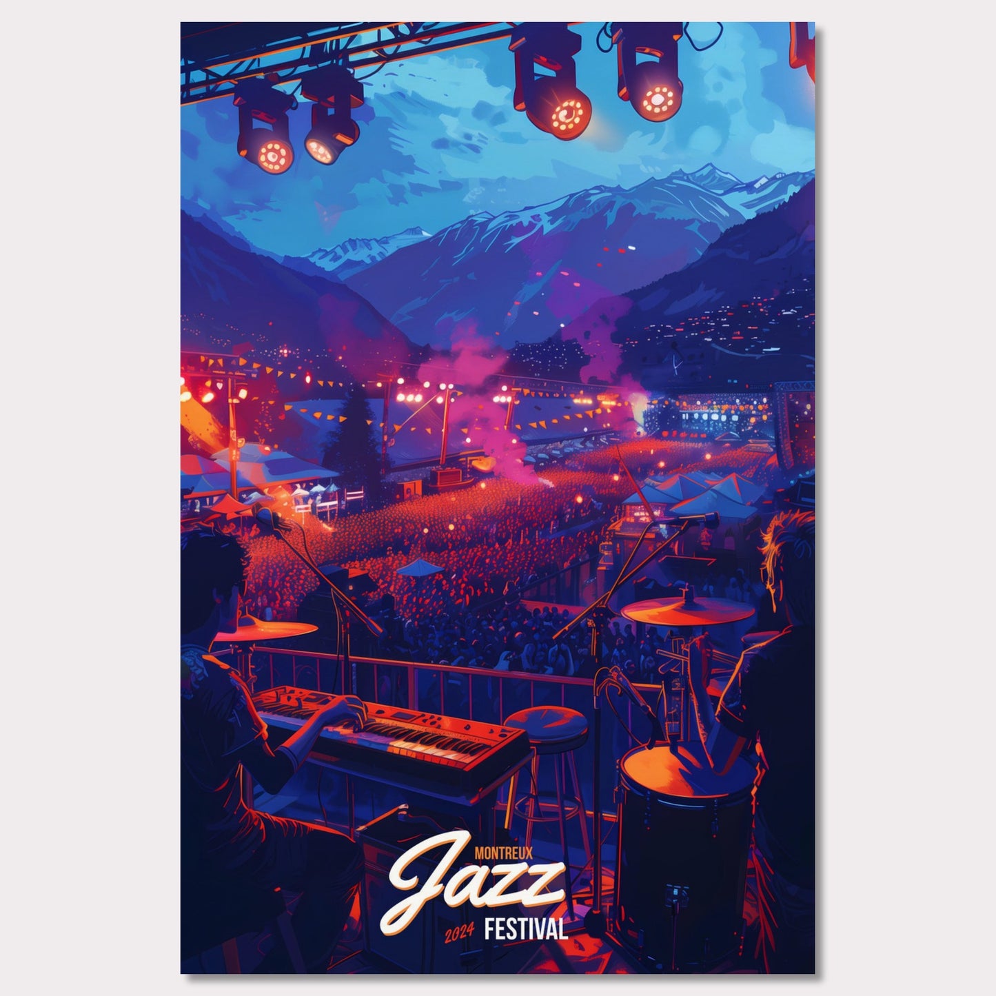 Experience the magic of the Montreux Jazz Festival 2024! This vibrant poster captures the essence of a live performance with a stunning mountain backdrop, colorful stage lights, and an enthusiastic crowd. Feel the rhythm, join the celebration, and be part of this unforgettable musical journey!